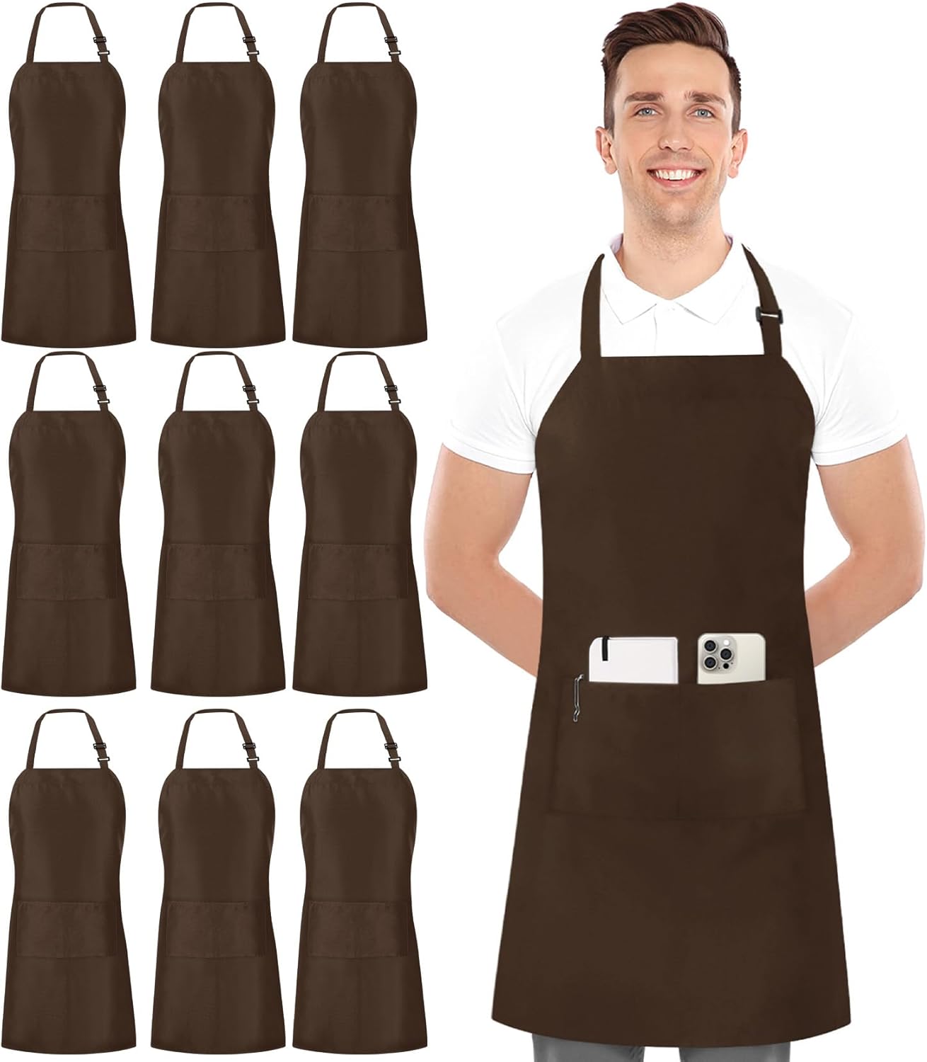 Utopia Kitchen 10 Pack Bib Apron Adjustable with 2 Pockets, Water and Oil Resistant, Cooking Kitchen Chef Apron for Women Men