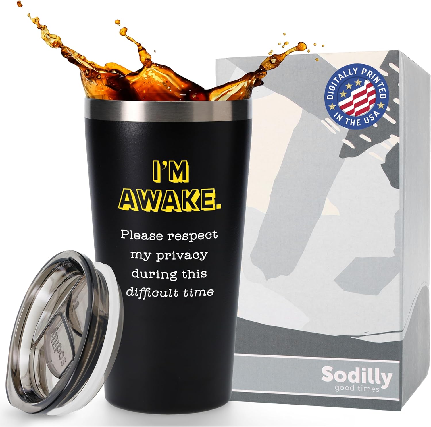 Sodilly 16 oz Insulated Coffee Tumbler, I'm Awake - Black, Vacuum Insulated Stainless Steel Drinking Cup with Lid - Funny Gift for Coworkers, Friends and Family