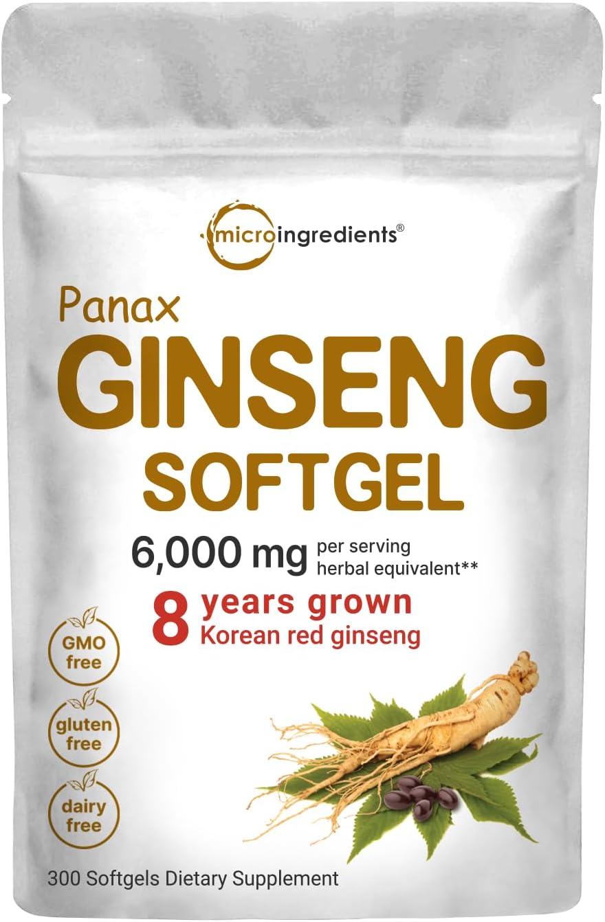 Micro Ingredients Red Panax Ginseng Supplement 6,000mg Per Serving, 300 Softgels | High Potency Korean Ginseng Root Extract with Active Ginsenosides | Supports Energy &amp; Immune Health | Non-GMO