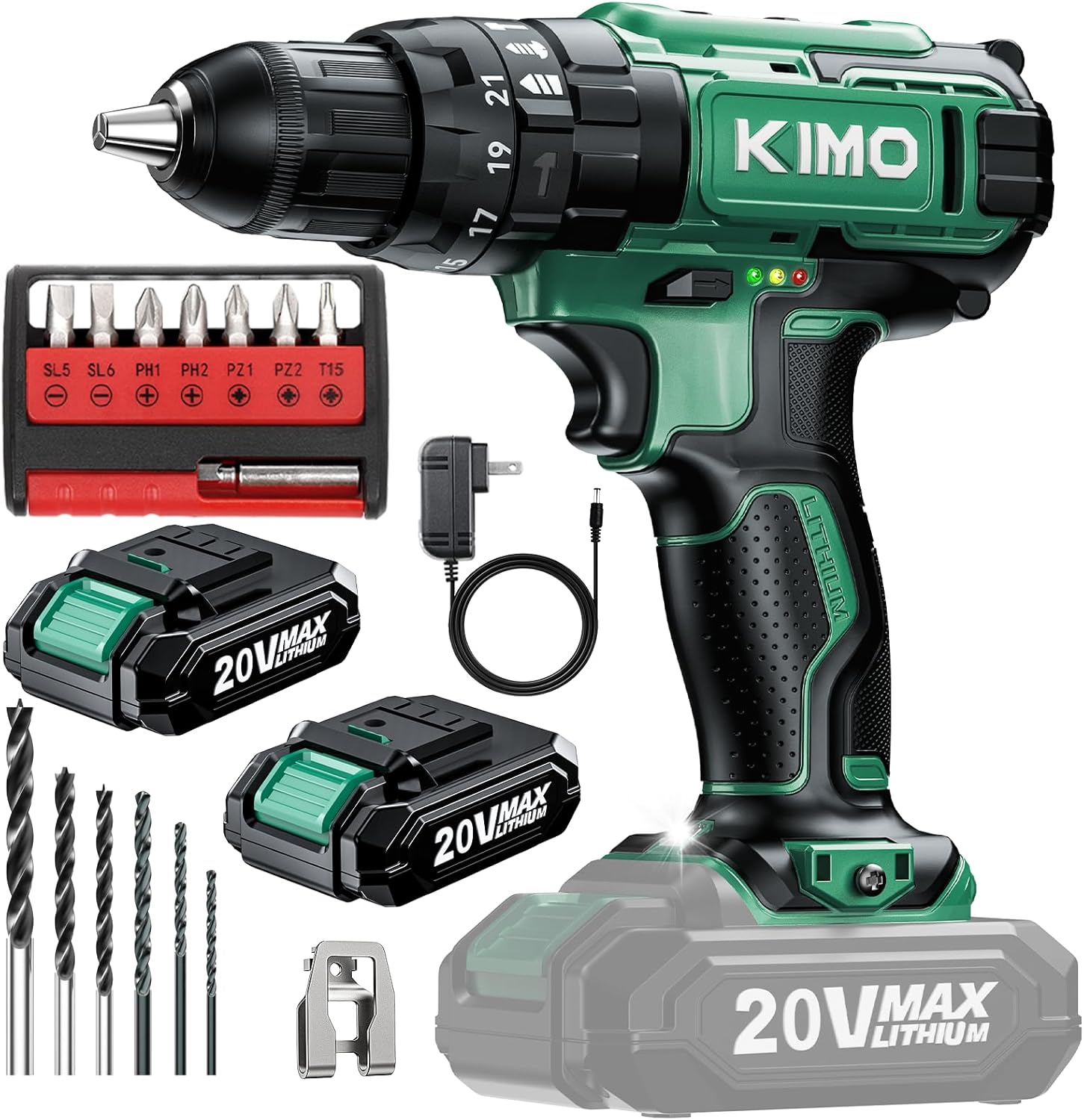 KIMO Hammer Drill - 20V 2X Battery Hammer Drill Cordless Drill Set, 3/8 Keyless Chuck, 350 In-lb Torque, 1350 RPM, 21+3 Position,14pcs Drill/Driver Bits, Power Drill Drivers for Brick Wall Concrete