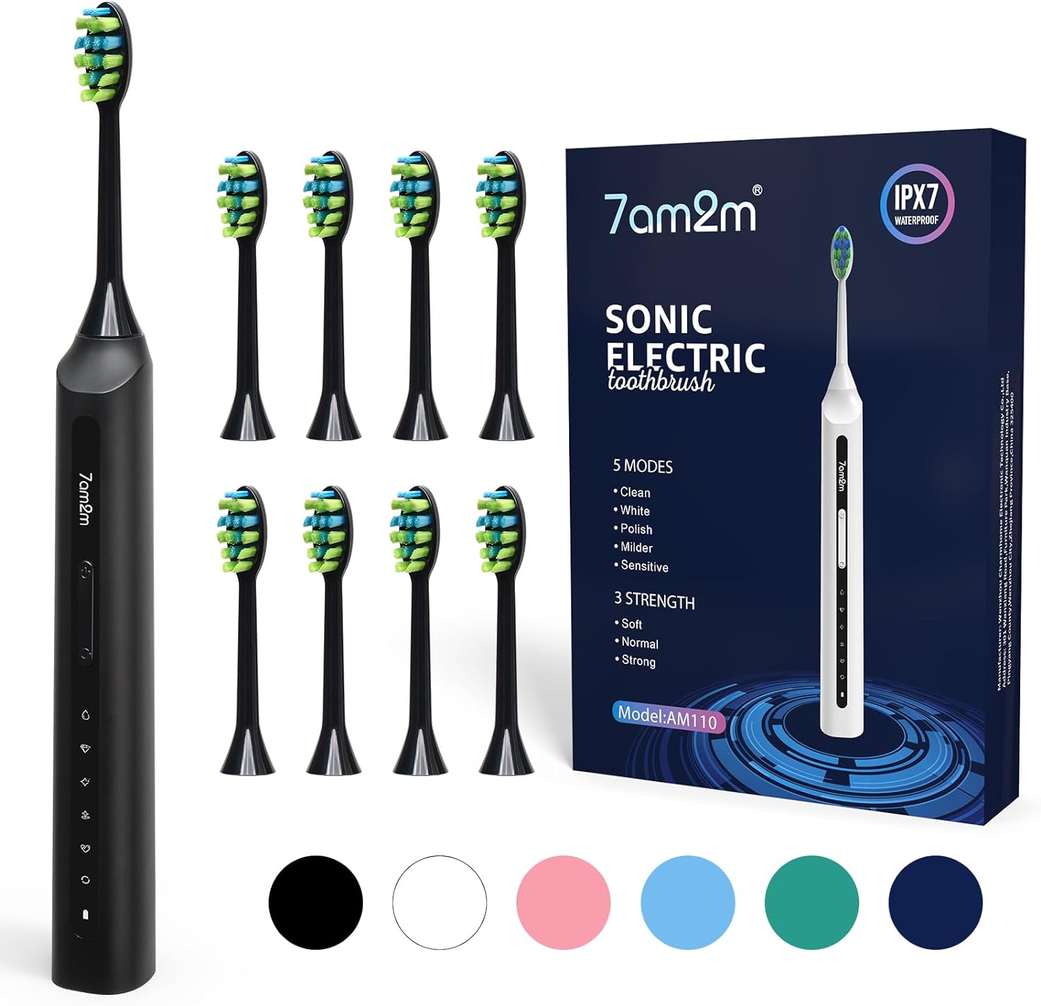 7AM2M Sonic Electric Toothbrush, High Power Rechargeable Toothbrushes, with 8 Brush Heads for Adults and Kids, 15 Adjustable Modes, Built-in 2-Minute Smart Timer, 4 Hours Fast Charge(Black)