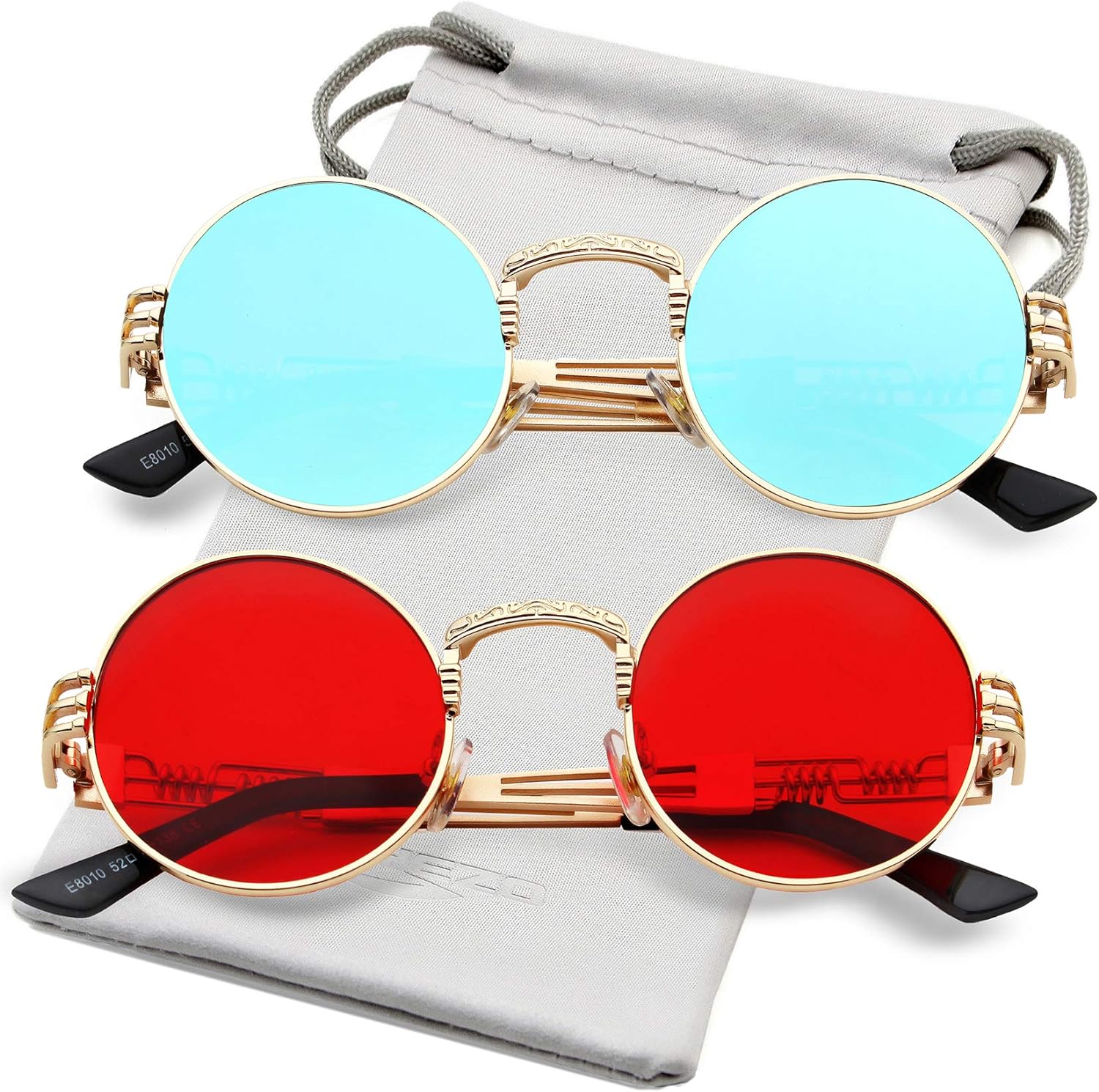 AIEYEZO Round Steampunk Sunglasses Circle Lennon Hippie Glasses Metal Frame 100% UV Blocking Lens