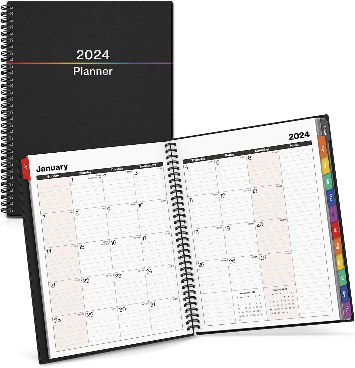 Dunwell Weekly Monthly Planner 2024 (Large, Colorful) - 8.5 x 11 Daily Planner Calendar Book, Use Jan to Dec 2024, Spiral Bound Planner Calendar with Tabs, Bookmark, Daily Schedule Planner