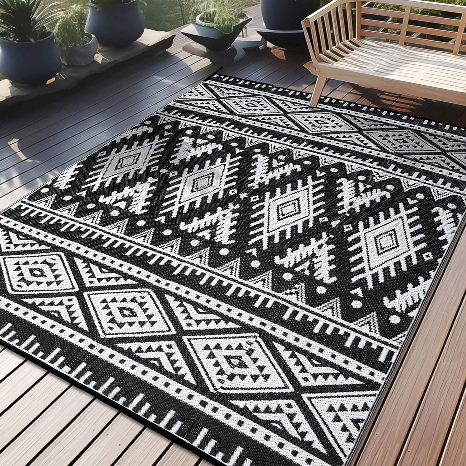 OLANLY Outdoor Rug Waterproof 6x9 ft, Reversible Outdoor Plastic Straw Rug, Boho Patio Rug, Indoor Outdoor Carpet, RV Mat Outside for Patio, Camp, Picnic, Balcony, Deck, Backyard, Black & White