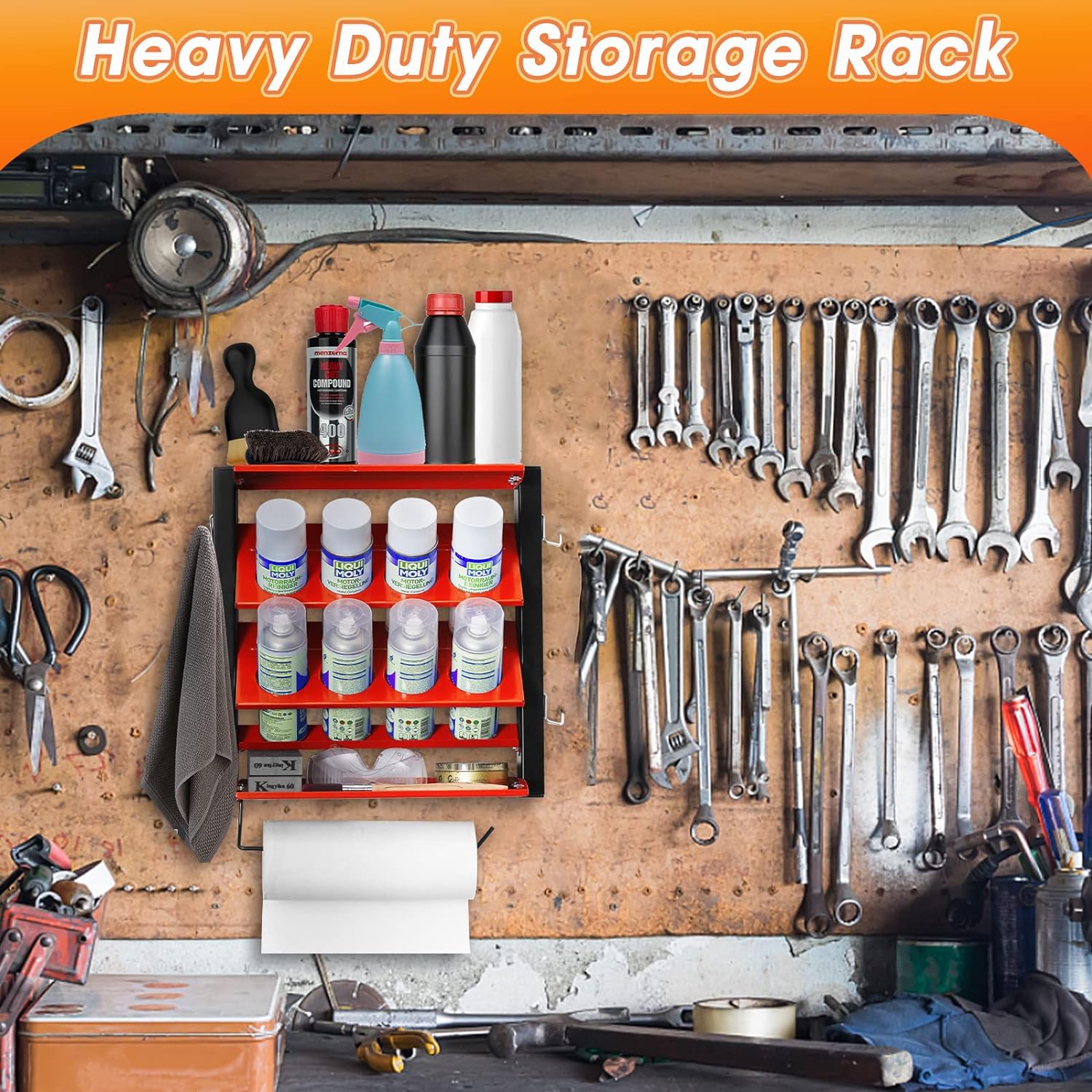 Ultrawall Spray Can Holder Rack With Paper Towel Holder, Steel Wall Mounted Spray Bottle Holder, Garage Wall Mount Shelf, Utility Storage Rack, Tool Storage...