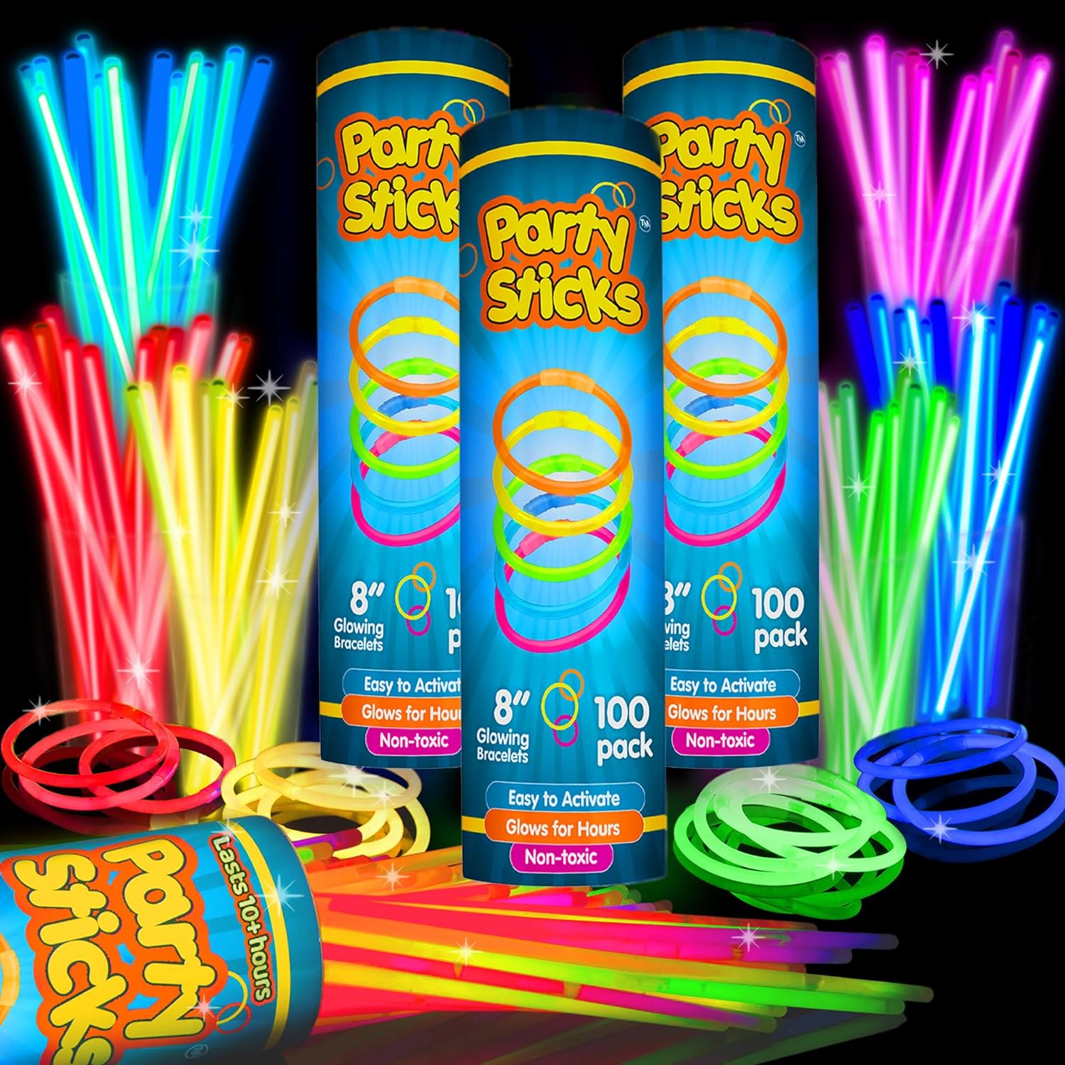 PartySticks Glow Sticks Jewelry Bulk Party Favors 300pk and Connectors - 8 Glow in The Dark Party Supplies, Neon Party Glow Necklaces and Glow Bracelets for Kids and Adults