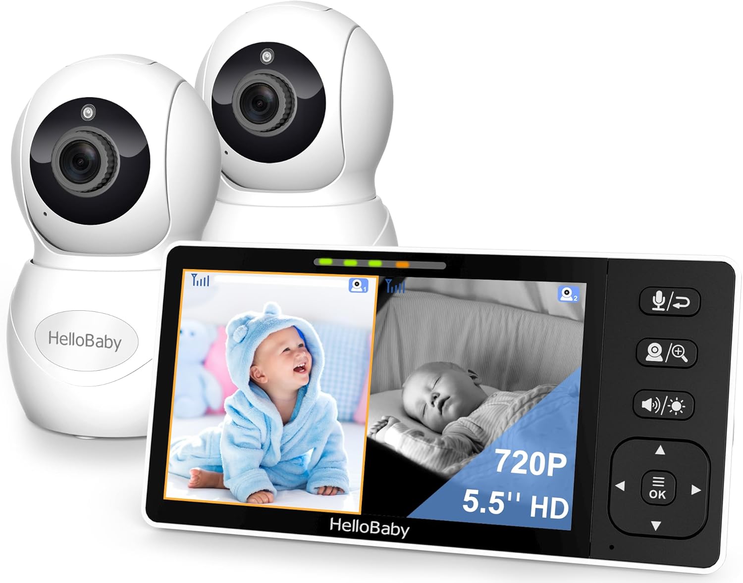 HelloBaby 720P 5.5 HD Baby Monitor 2 Cameras and Audio, No WiFi, Split Screen Remote Pan Tilt Zoom Video Baby Monitor Wide View Range, 1080P Camera, Night Light, 4000mAh Battery, Time&Clock