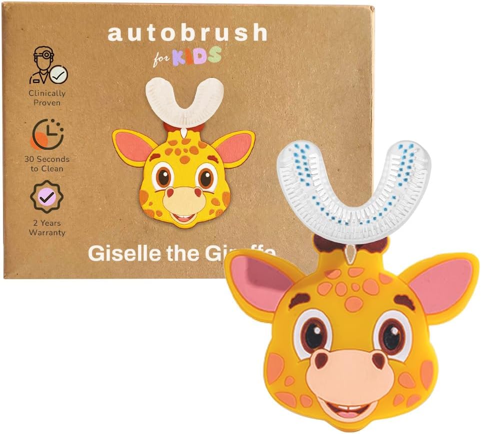 AutoBrush U Shaped Kids Manual Toothbrush- 360 Design for 26.6X better Cleaning with Unique Nylon Bristles, Comfort Grip Handle, Waterproof Design, Ages 3-5, Giraffe (Double-Sided)