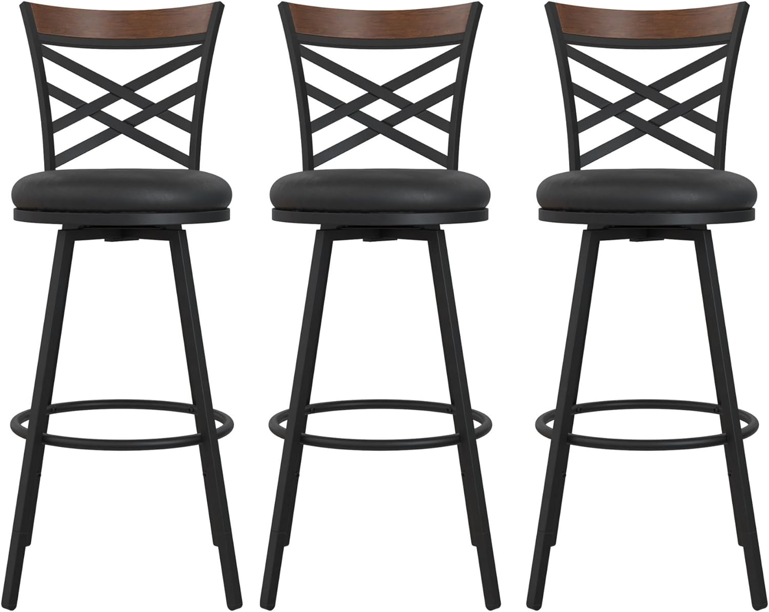 DHP Niam Upholstered Seat Swivel Black PU, Set of 3 Barstool