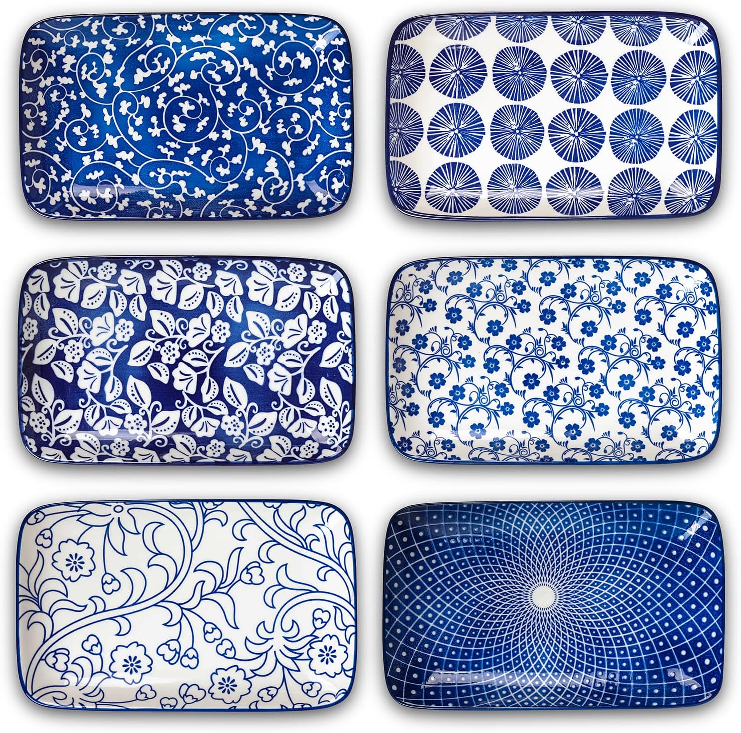 Selamica Ceramic 9.5 Inch Large Rectangular Salad Plates, Dinner Plates, Pasta Dessert Plates Serving Platters and Trays for Appetizer, Sushi, Fruit, Set of 6, Vintage Blue