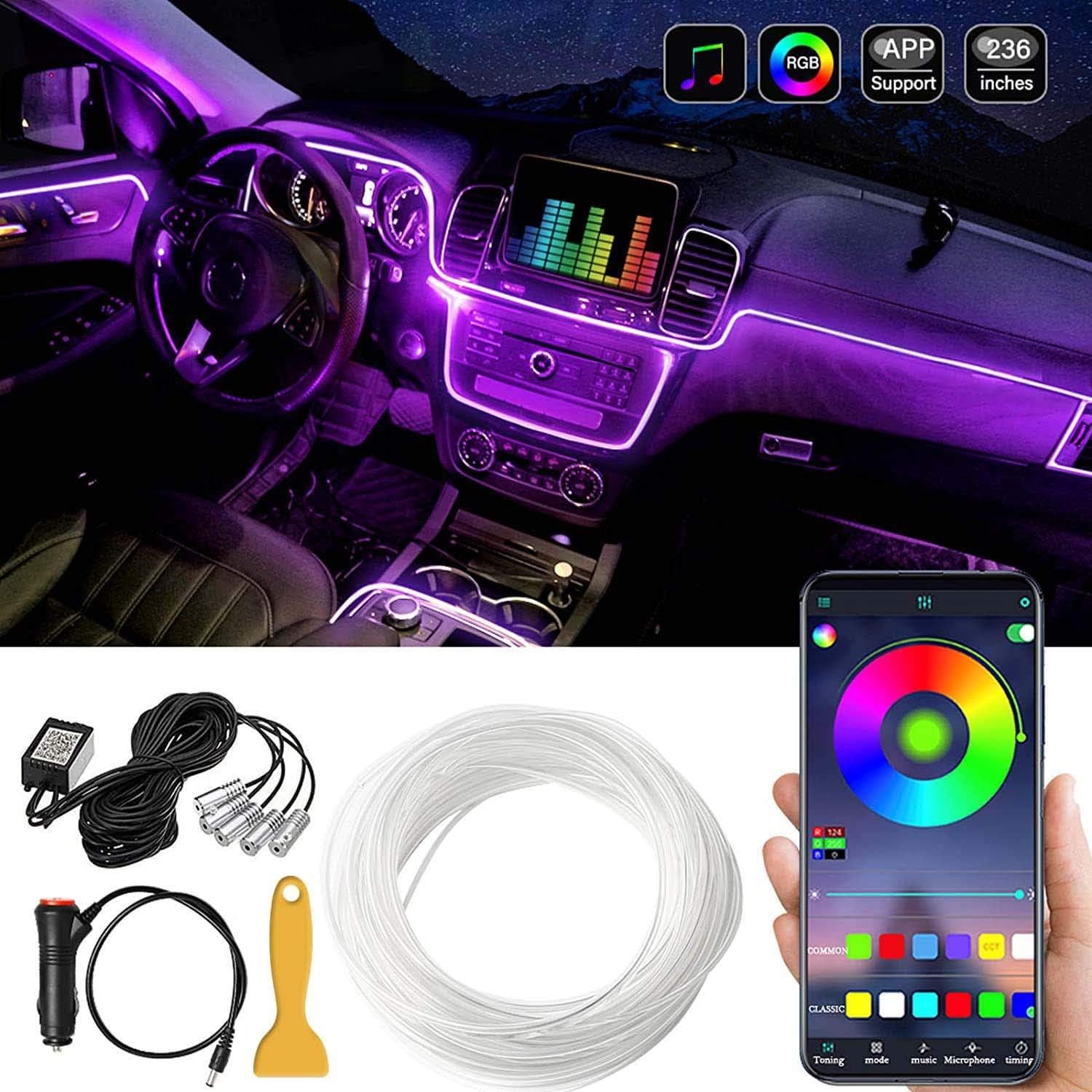 Car LED Interior Strip Light, 16 Million Colors 5 in 1 with 236 inches Fiber Optic, Multicolor RGB Sound Active Automobile Atmosphere Ambient Lighting Kit - Wireless Bluetooth APP Control