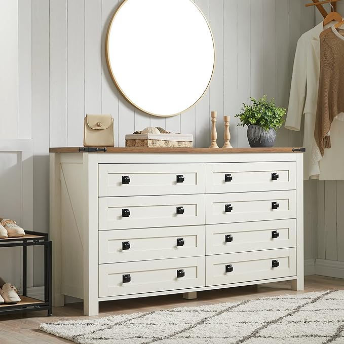 T4TREAM Farmhouse 8 Drawers Dresser Chests for Bedroom, Wood Rustic Wide Chset of Drawers,Storage Dressers Organizer for Bedroom, Living Room,Hallway, Antique White