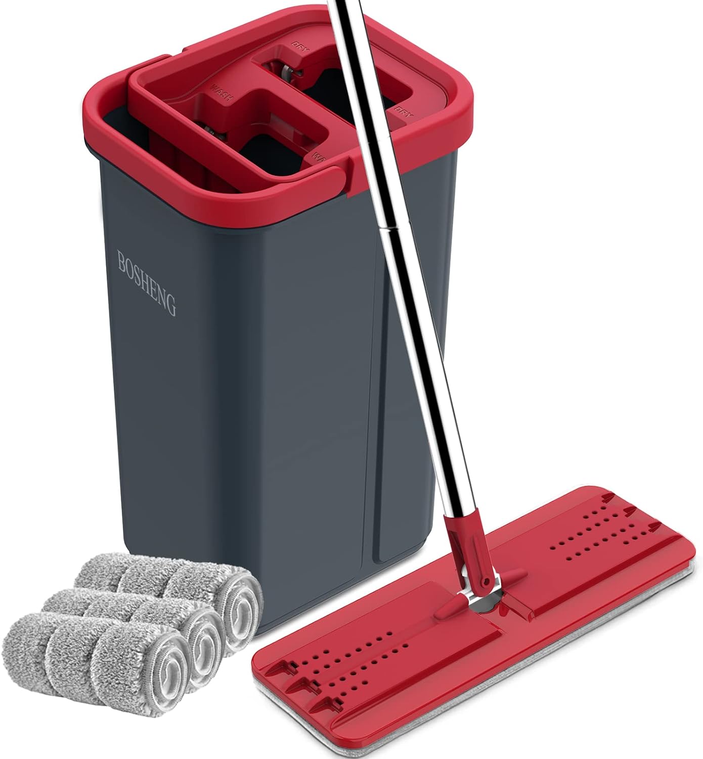 Hands-Free Mop and Bucket Set with 3 Washable Pads, Wet/Dry Floor Cleaning System, Red/Black