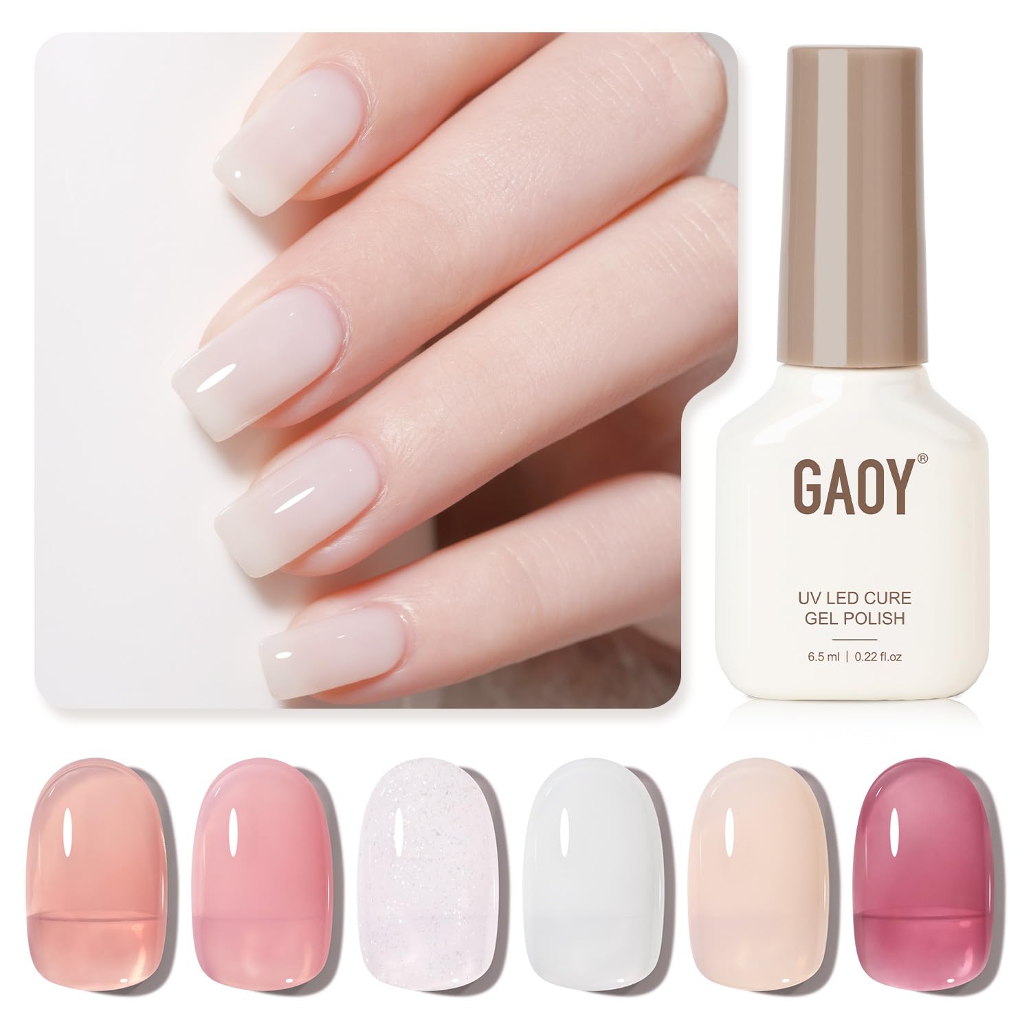 GAOY Jelly Nude Pink Gel Nail Polish of 6 Transparent Milky White Purple Shimmer Colors Sheer Gel Polish Kit for Salon Gel Manicure and Nail Art DIY at Home