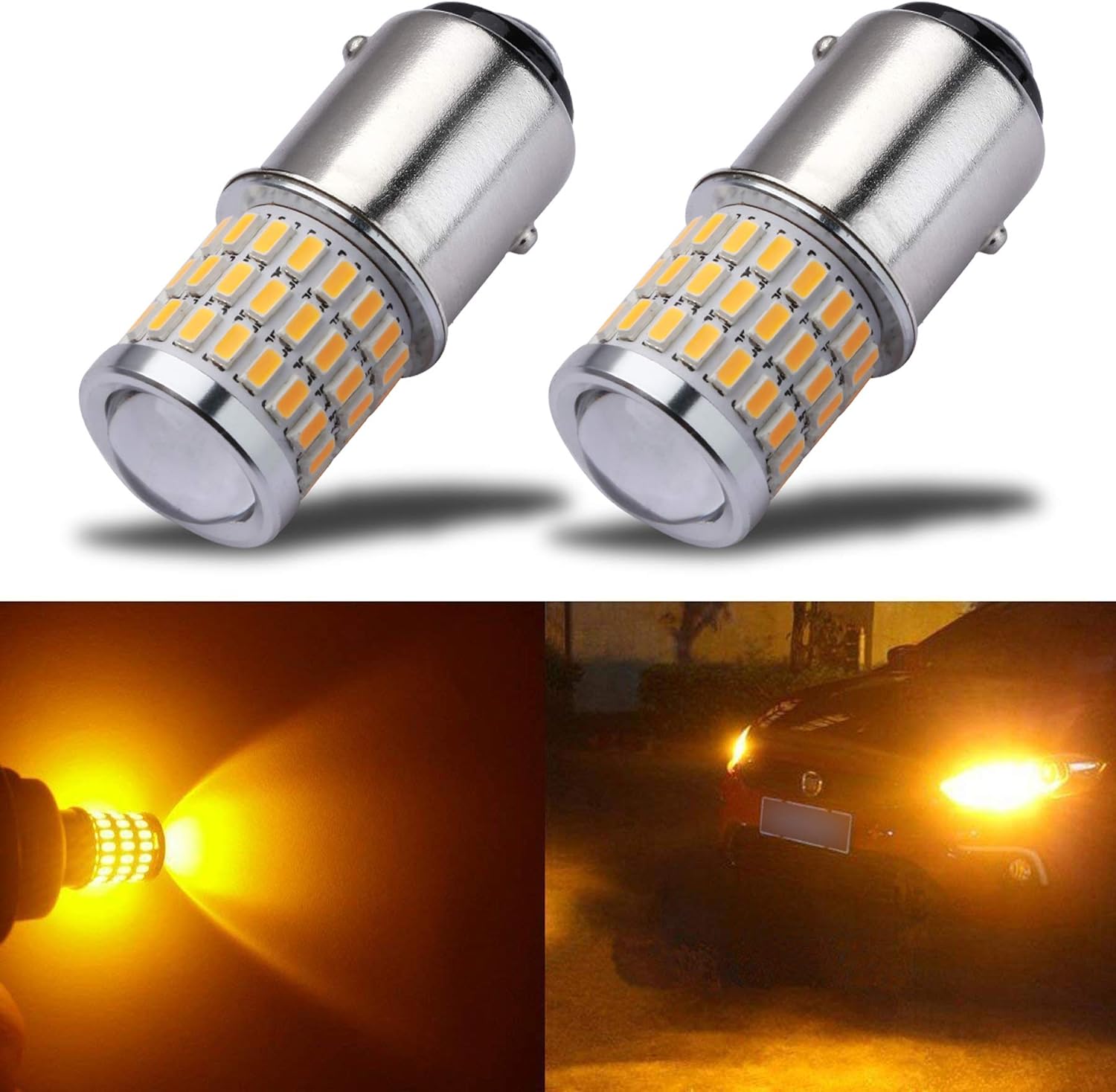 iBrightstar Newest 9-30V Super Bright Low Power 1157 2057 2357 7528 BAY15D LED Bulbs with Projector Replacement for Turn Signal Lights and Brake Lights, Amber Yellow