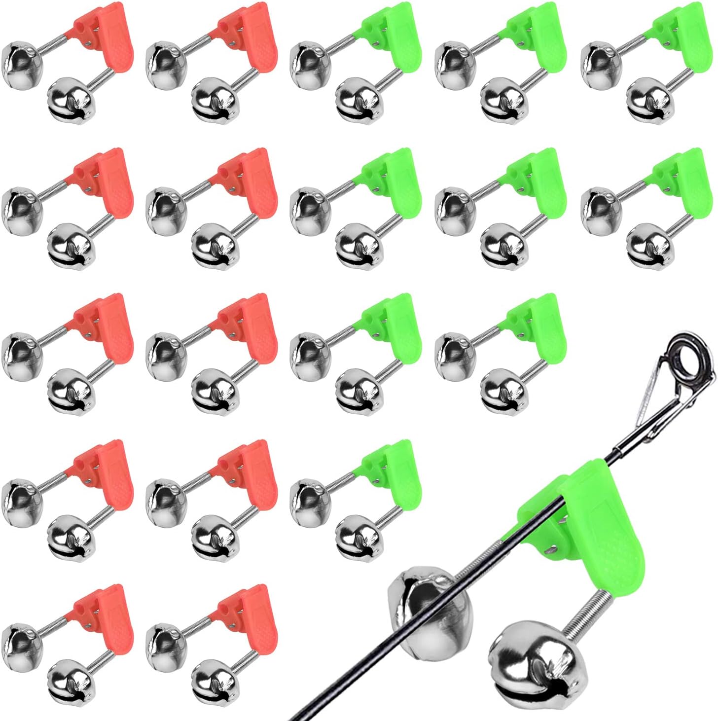 Benvo 20 Pcs Fishing Rod Alarm Loud Dual Alert Bells Fishing Bells Clips for Fish Strike Silver Tone (Red and Green)