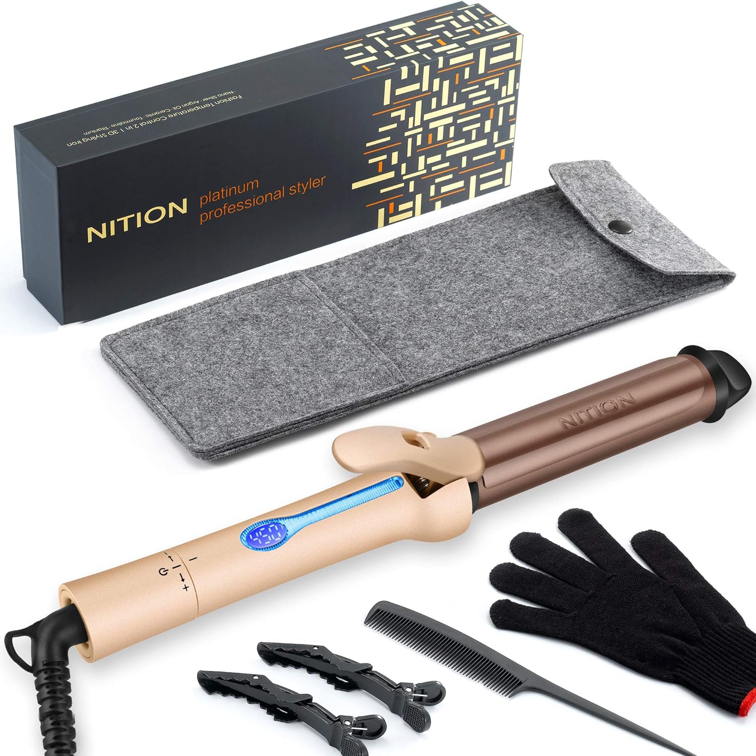NITION Professional 1 14 inch Curling Iron Argan Oil Ceramic Tourmaline Titanium Coating Barrel Salon Curling Wand LCD 265°F-450°F for All Hair Type,Ions Hair Curler Waver Maker,Dual Voltage