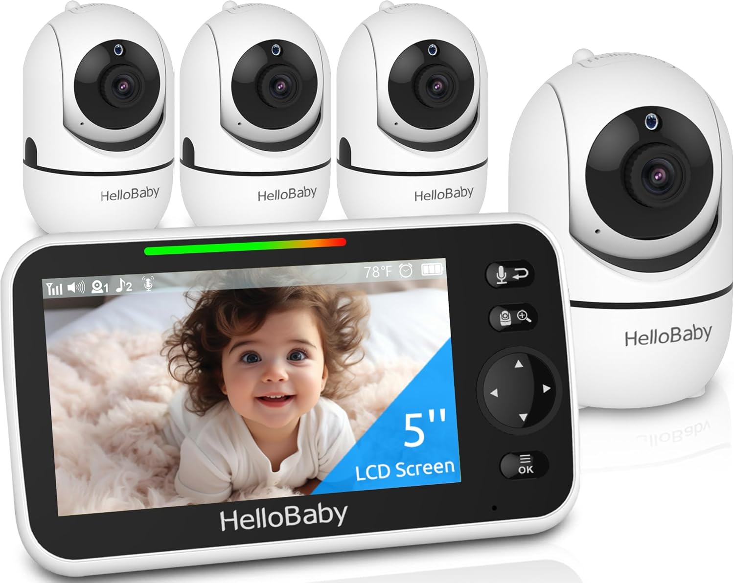 HelloBaby HB6550 5 Baby Monitor 4 Cameras No WiFi, 26-Hour Battery, Pan-Tilt-Zoom, 1000ft Range Video Audio Baby Monitor, ECO, Night Vision, 2-Way Talk, 8 Lullabies and Temperature, Ideal Gifts