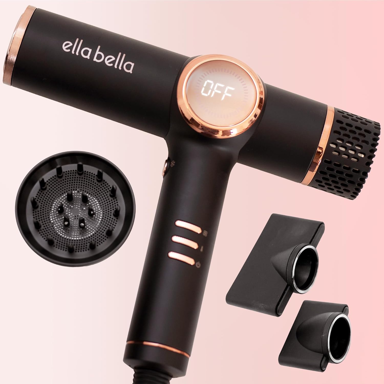 ELLA BELLA Professional Ionic Hair Dryer with Diffuser  Negative Ion Blow Dryer  Suitable All Hair Types  Intelligent Heat Control & Rapid Drying Speeds  Lightweight Design  Low Noise Technology