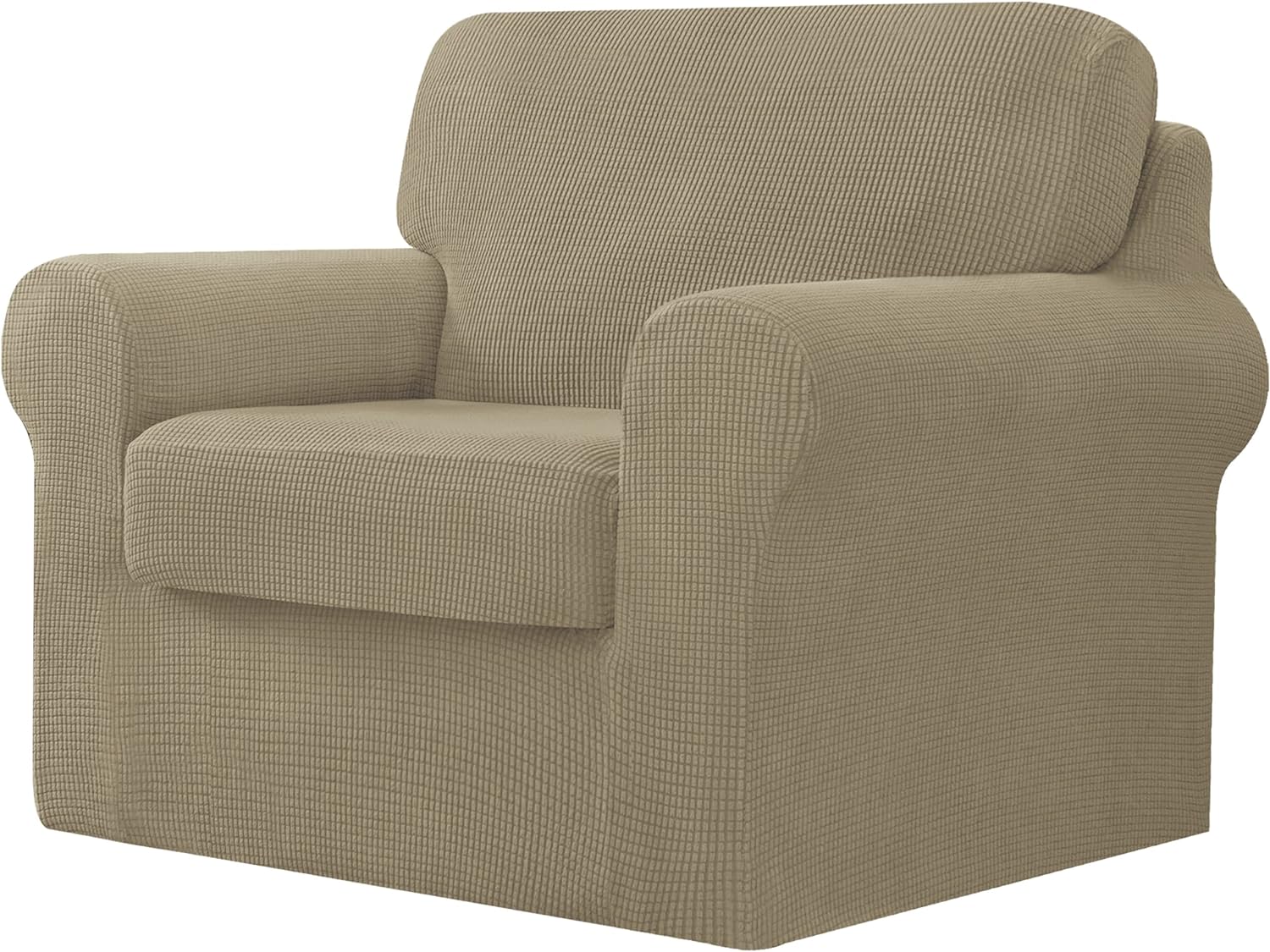 CHUN YI 3 Piece Stretch Armchair Sofa Cover, 1 Seater Couch Slipcover with One Separate Backrest and Cushion with Elastic Band, Checks Spandex Jacquard Fabric(Small,Sand)