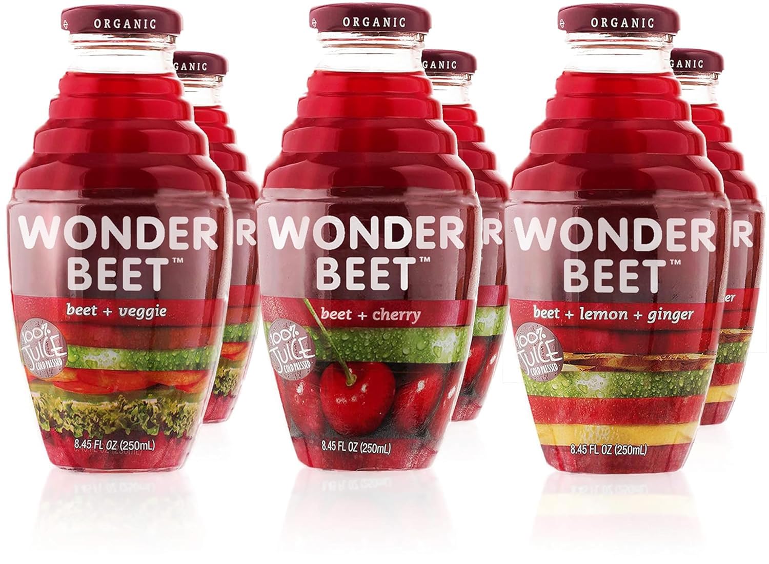 Beetology Organic Beet Juice 8.45oz "Variety Pack", 2 bottles each of: Beet   Veggie, Beet   Lemon Ginger, Beet   Cherry (6 Pack) Wonder Beet Juices | Organic, Vegan, Gluten Free, Kosher and Awesome!