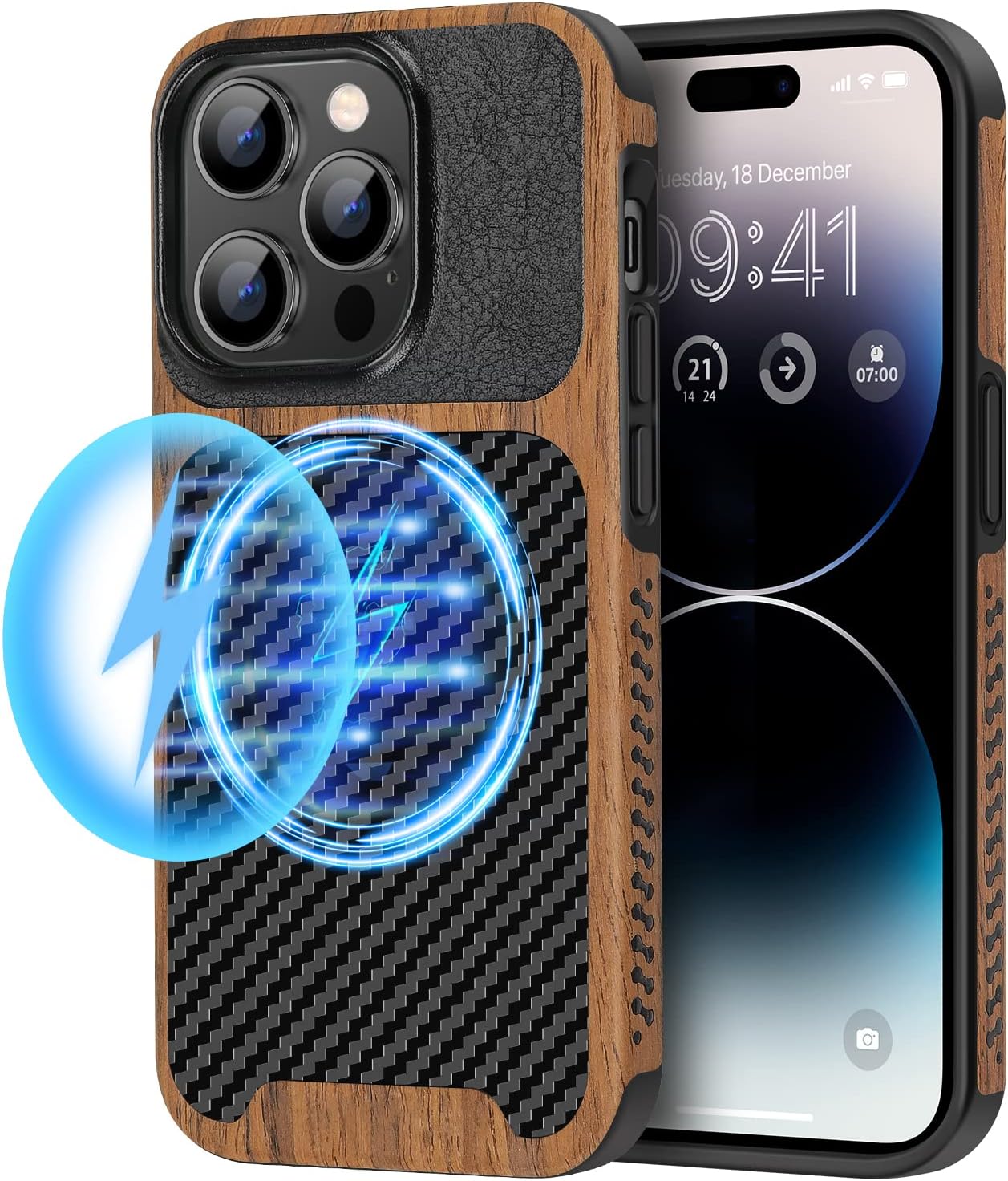 TENDLIN Magnetic Case Compatible with iPhone 14 Pro Max Case Wood Grain with Carbon Fiber Texture Design Leather Hybrid Slim Case (Compatible with MagSafe) Black