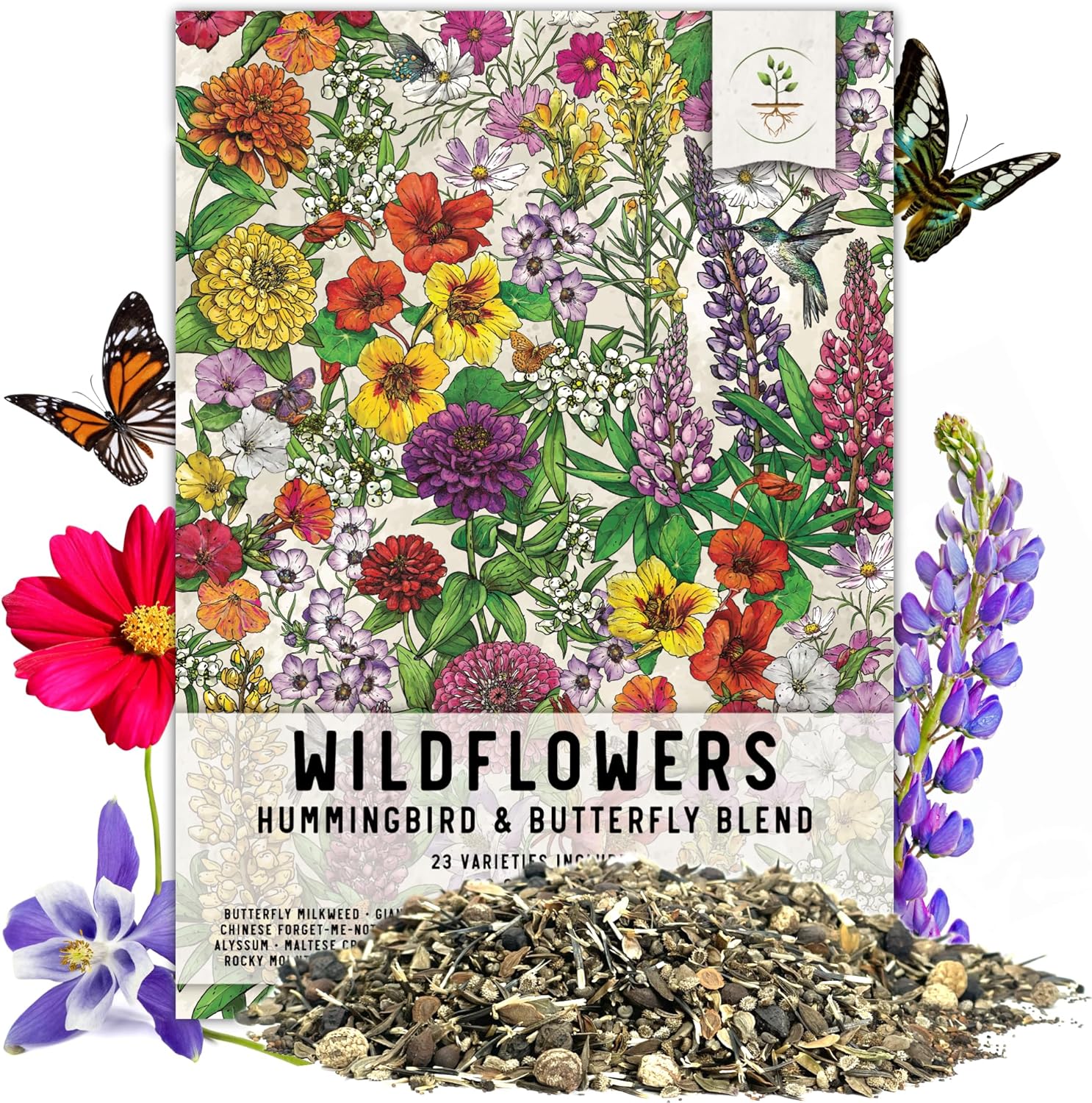 Seed Needs, Package of 15,000  Hummingbird and Butterfly Garden Wildflower Seed Mixture for Planting (99% Pure Live Seed- NO Filler) 20  Varieties, Annual Perennial - Bulk