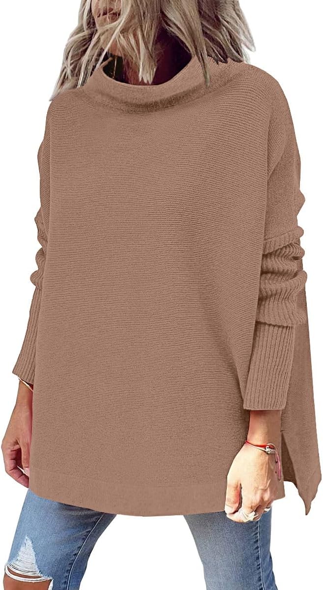 LILLUSORY Women's Mock Turtleneck Sweater Long Batwing Sleeve Split Hem Casual Oversized Knit Pullover Tunic Tops