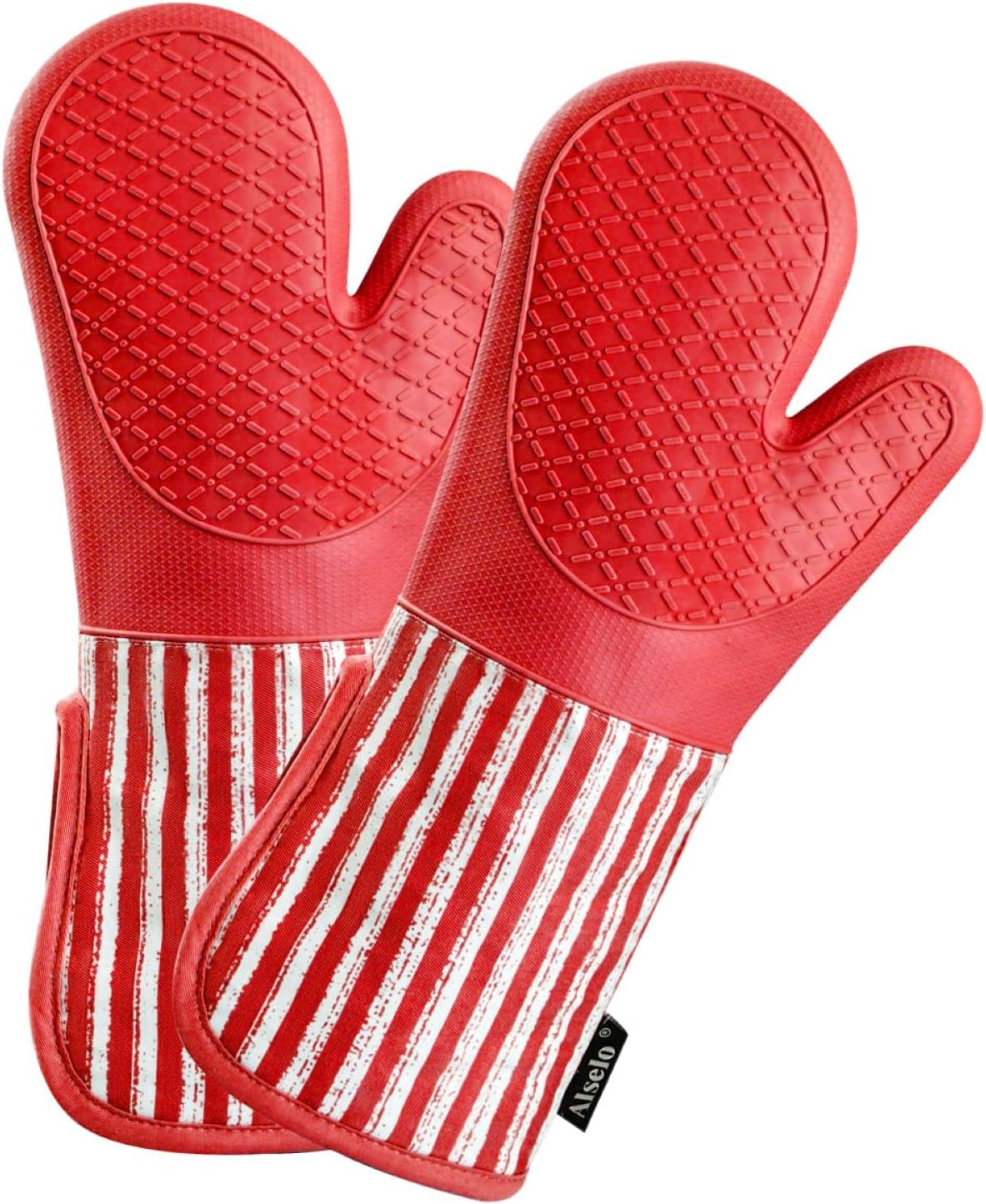 Silicone Oven Mitts Heat Resistant 932 with Waterproof & Non-Slip Kitchen Mittens, Set of 2 Extra Long Oven Gloves with Soft Cotton Terry Lining for Baking Cooking Barbecue (2, Red Mitts)