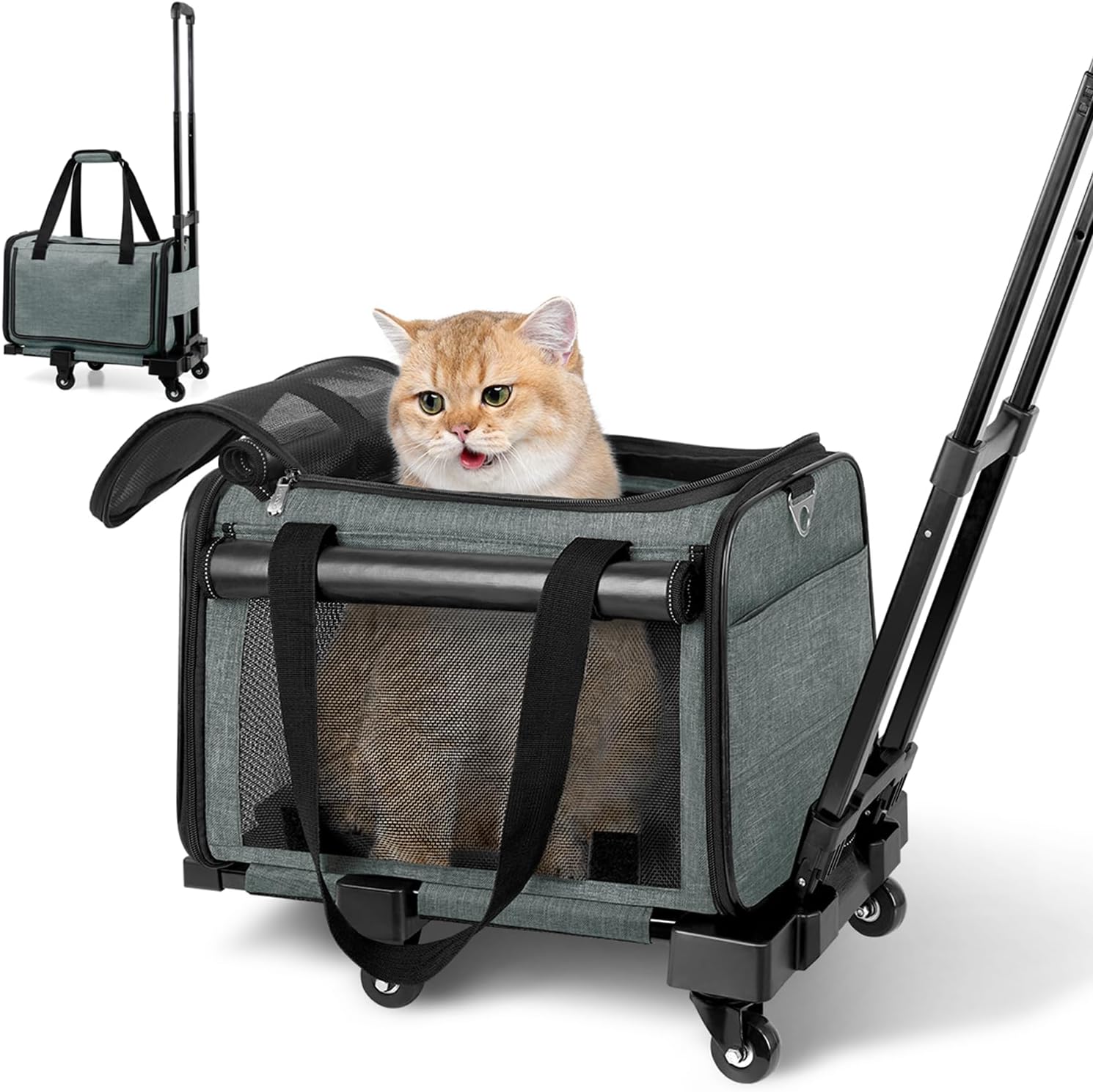 YUDODO 25lbs Large Cat Carrier with Wheels Lightproof Airline Approved Dog Carrier for Small Dog Detachable Rolling Pet Carrier for Traveling Groomers Vet Visits(Gray-Green)