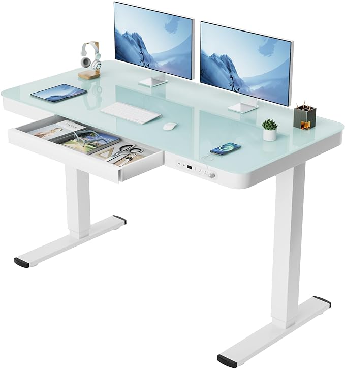 Furmax Electric Glass Standing Desk with Drawer 48 x 24 Inch Adjustable Height Stand up Desk One-Piece Board Pre-Assembled Home Office Computer Desk with USB Ports, Glass Top