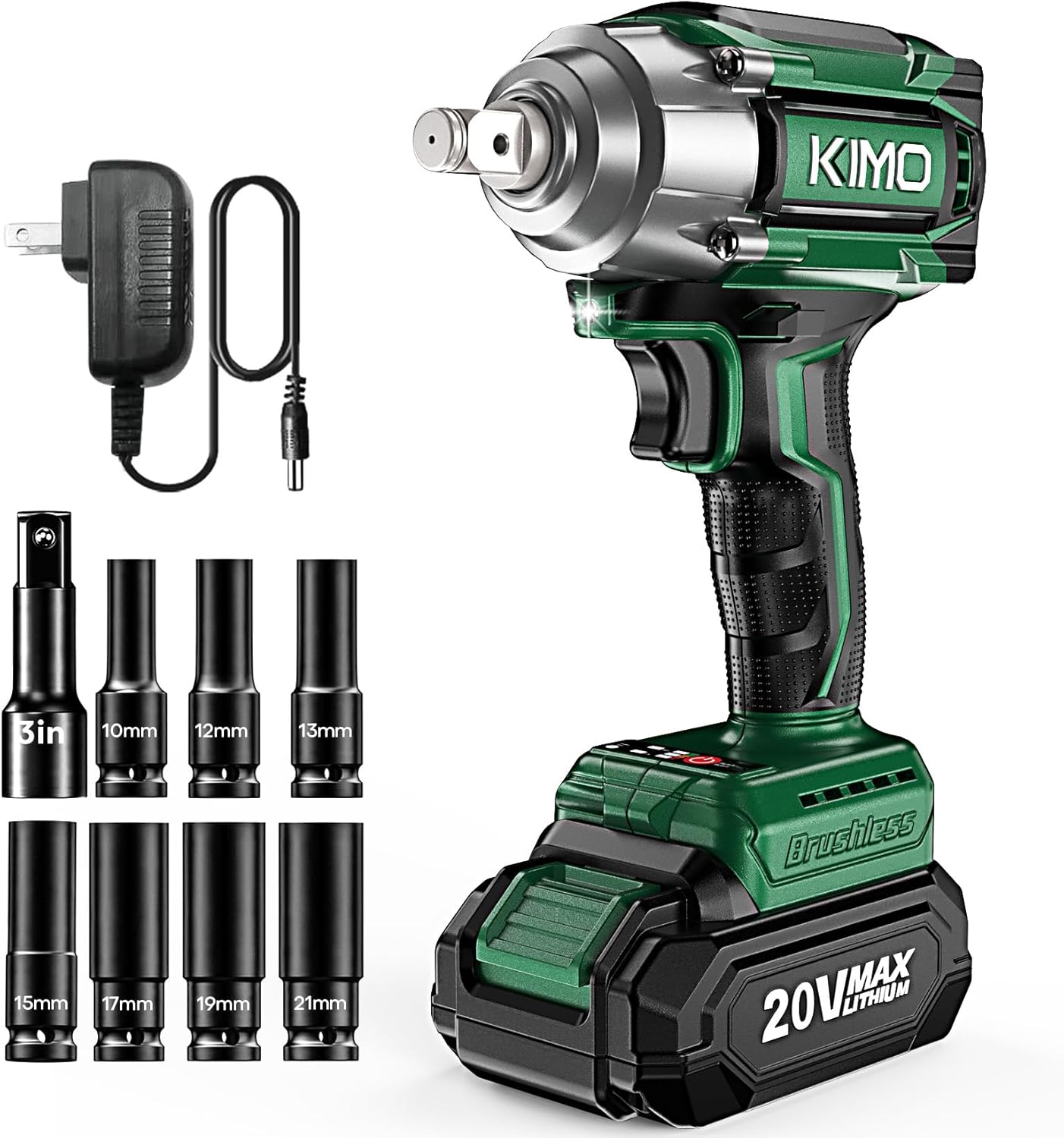 KIMO Cordless Impact Wrench 1/2 Inch, Impact Wrench Kit w/Premium Brake Stop, 7 Sockets, 1/2 Impact Gun, Brushless High Torque Impact Driver with 350 ft-lbs (475N.m) & 3000 RPM and Battery & Charger