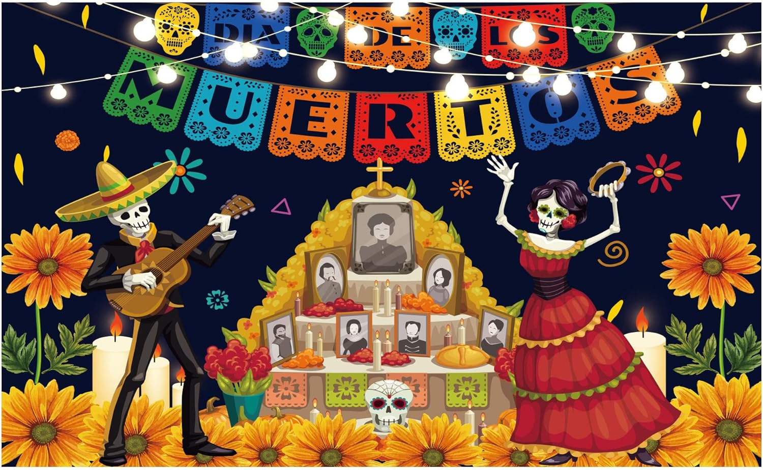 Allenjoy Day of The Dead Dia DE Los Muertos Backdrop Mexican Sugar Skull Flower Tombstone Fiesta Marigold Carnival Dress-up Party Background Cake Table Decor Photoshoot Photo Booth Studio Props