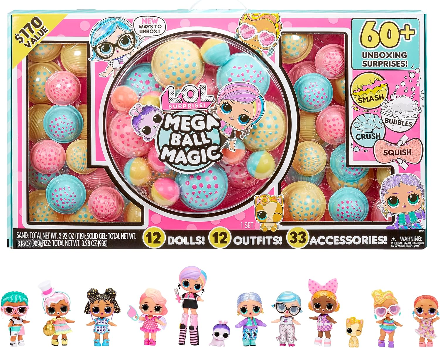 L.O.L.+Surprise!+Mega+Ball+Magic+-+12+Collectible+Dolls%2c+60%2b+Surprises%2c+170+Value%2c+4+Unboxing+Experiences%2c+Squish+Sand%2c+Bubbles%2c+Gel+Crush%2c+Shell+Smash%2c+Fashions+Limited+Edition+Gift%2cGirls+3%2b