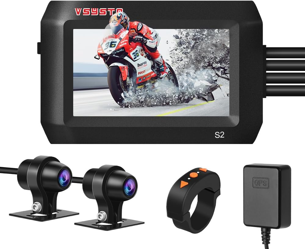 VSYSTO 3'' IPS Screen WiFi Motorcycle Dash Cam, GPS, Parking Monitoring, Timed Recording After Flameout, Full Body Waterproof Night Vision HD 1080P Front and Rear Camera Driving Recorder (Black-3Inch)