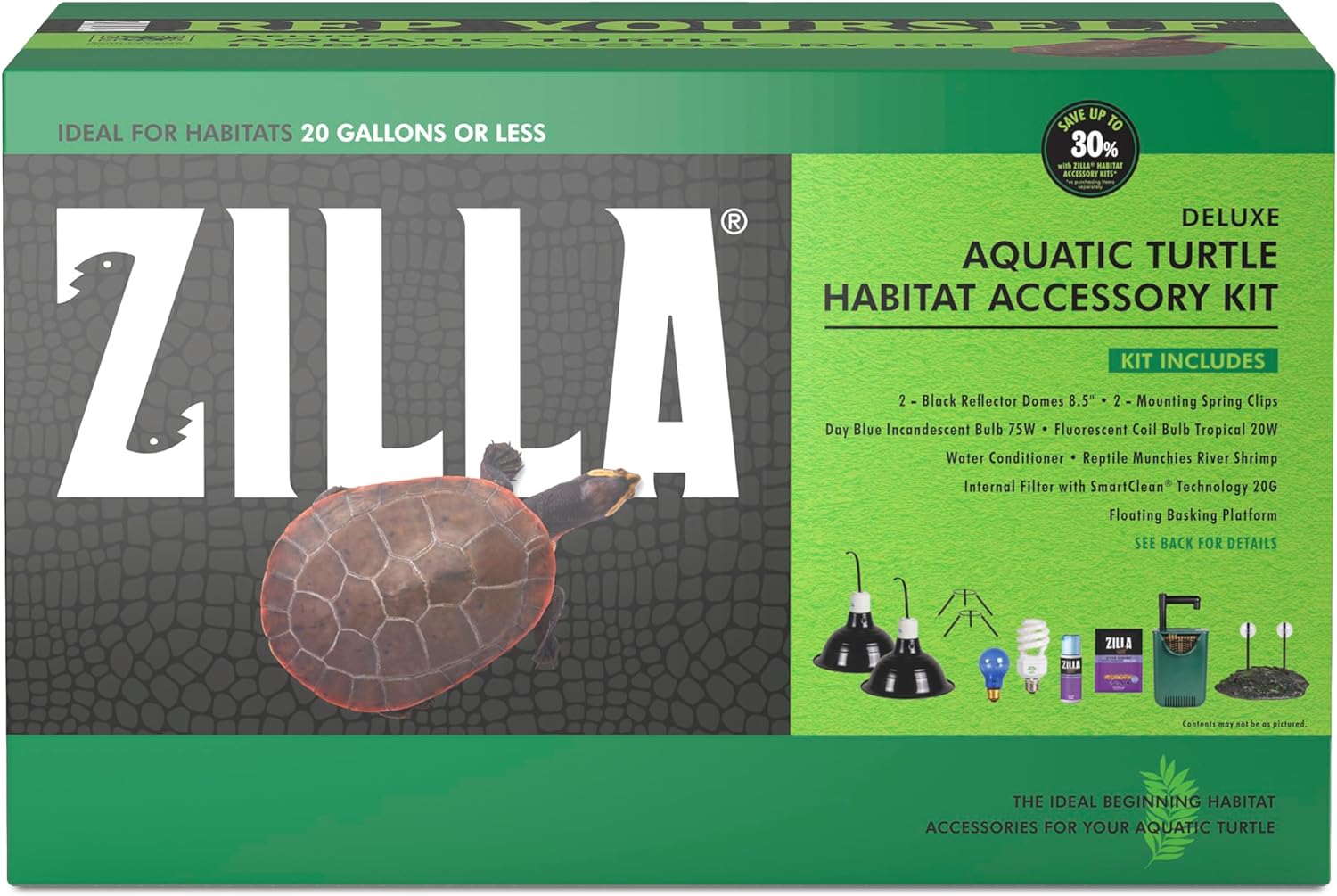 Zilla Aquatic Turtle Habitat Accessory Kit, Easy Starter Kit for Turtles, Includes Lighting, Basking Platform, Internal Filter, Water Conditioner and Food, Ideal for Habitats 20G or Less