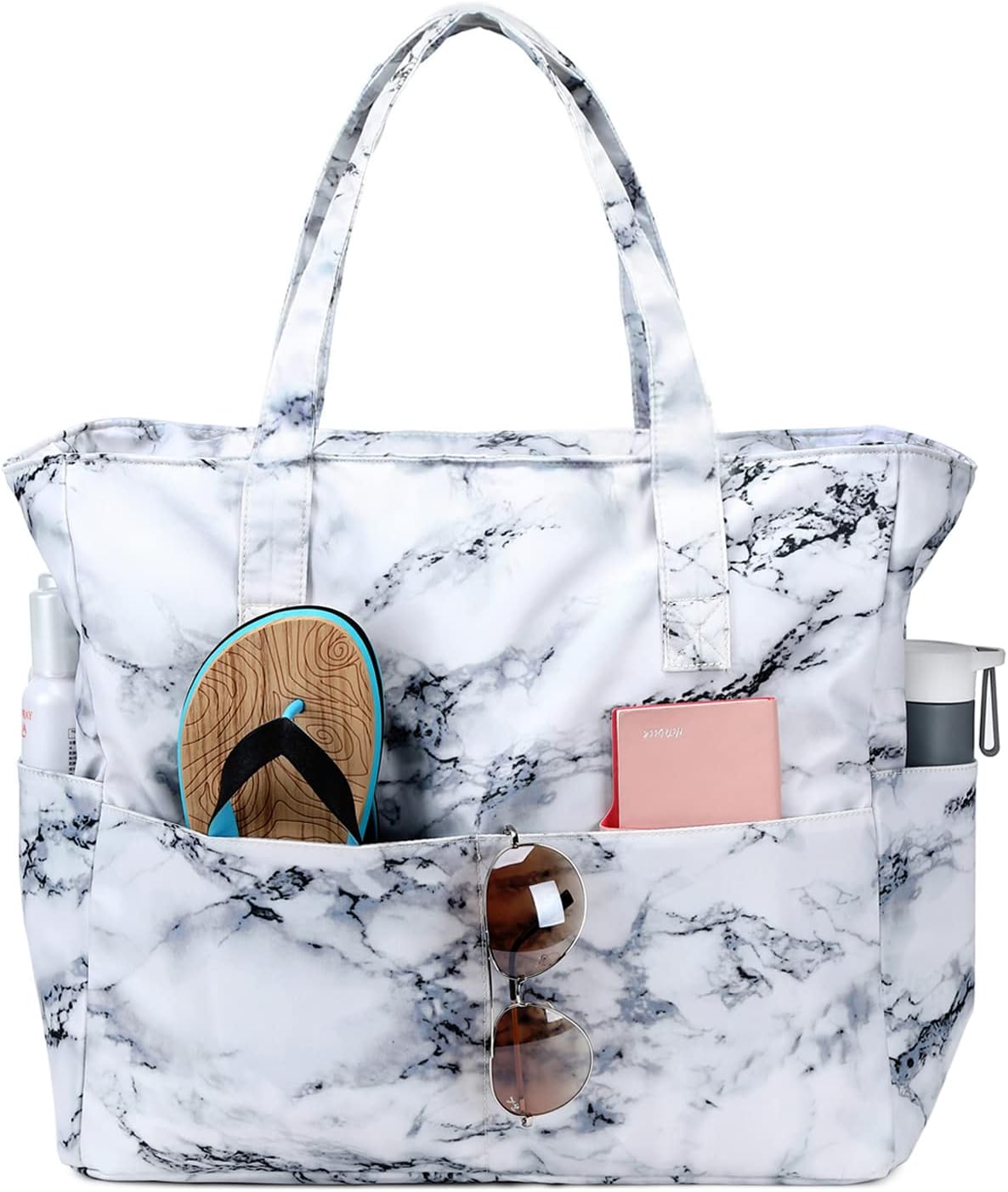 I bought this bag for a vacation on a cruise to the Bahamas and I am so glad I picked this one! It went daily to the pool and then to the beaches when we were docked. I could sit the bag on the sand and not worry about it getting dirty or wet. I was able to wipe any sand or dirt off the bottom and the outside is water resistant. My favorite thing about the bag are all of the pockets. There are pockets lined all the way around, as well as a secure waterproof pocket on the inside for money, phones and cards. This bag is large enough to carry items for 3 or 4 people. We had long walks from the dock to the beaches so it did get heavy, but I also have a habit of overpacking lol. We carried only that bag and just took turns carrying it. This bag can carry everything you could possibly need for a day at the beach and more. The price is great and the quality is better than I expected. Could also be used as a weekend bag or a diaper bag as well.