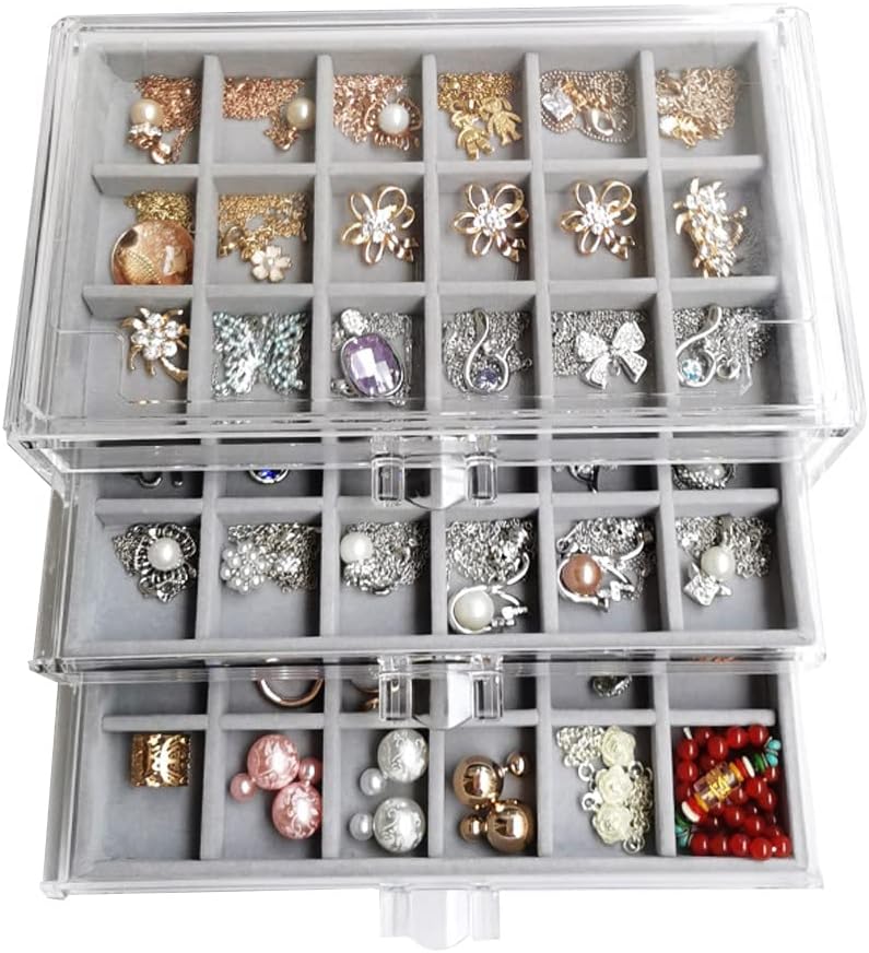 Earring Organizer Box Acrylic Jewelry Organizer with 3 Drawers 54 Adjustable Grids Clear Stackable Earring Holder Velvet Trays Ring Display Case for Women Girls (Gray)