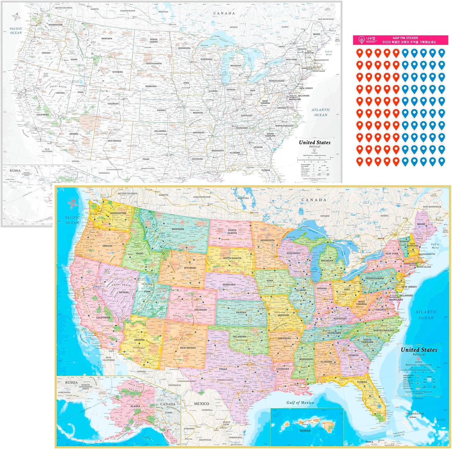 AquaShield Double-Sided United States, USA Map Waterproof Poster 24x36 - Folded Edition with (Pin Stickers)