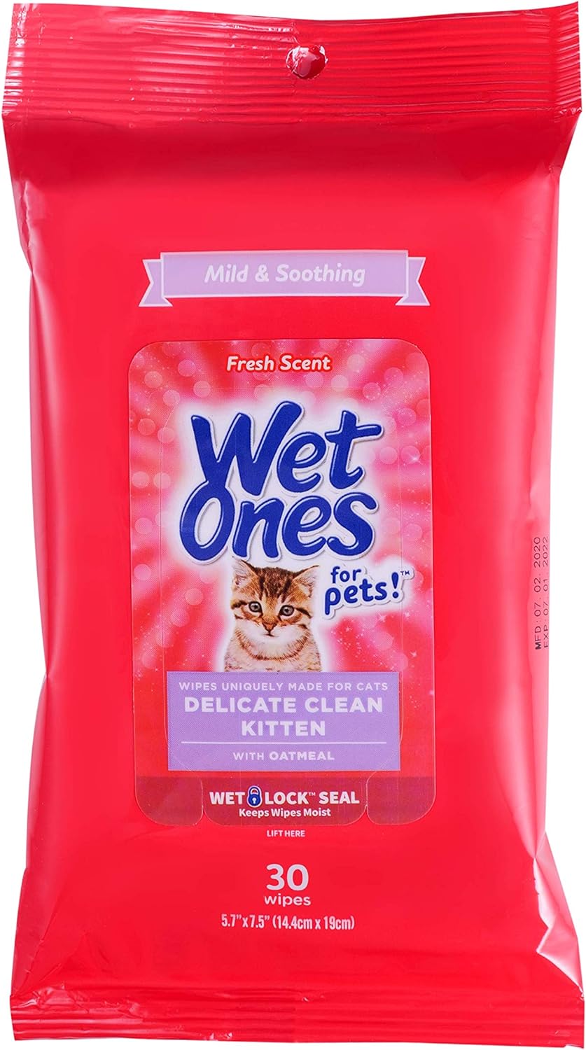 Wet Ones for Pets Delicate Clean Kitten Wipes for Cats with Oatmeal Cat Cleaning Wipes, Mild & Soothing Cat Grooming Wipes with Wet Lock Seal (Pack of 1, 30 Count Total)