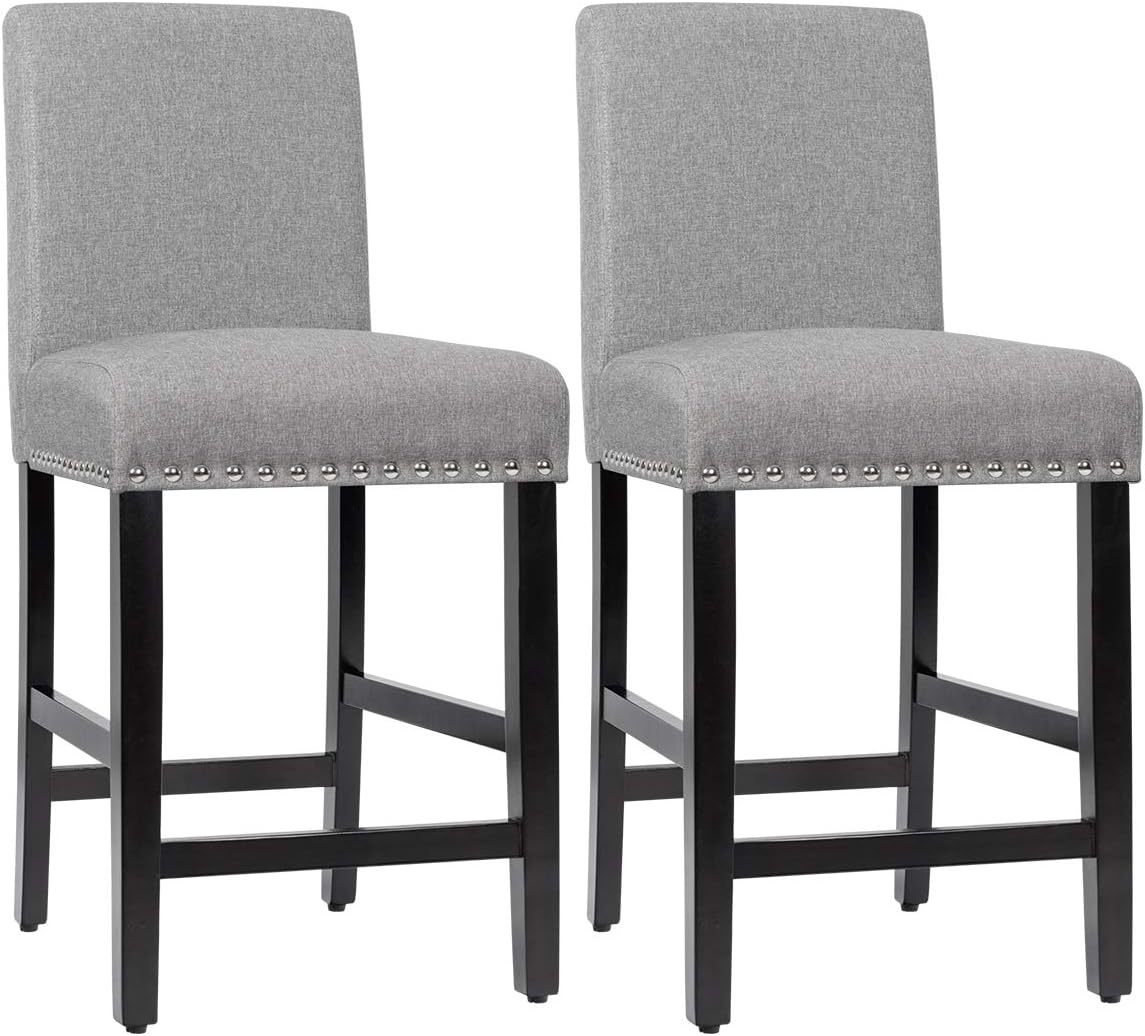 COSTWAY Bar Stools Set of 2, Upholstered Bar Stools w/Rubber Wood Legs, Breathable Linen Fabric, High Resilience Sponge, Padded Seat, for Kitchen Dining Room (Gray, 2)