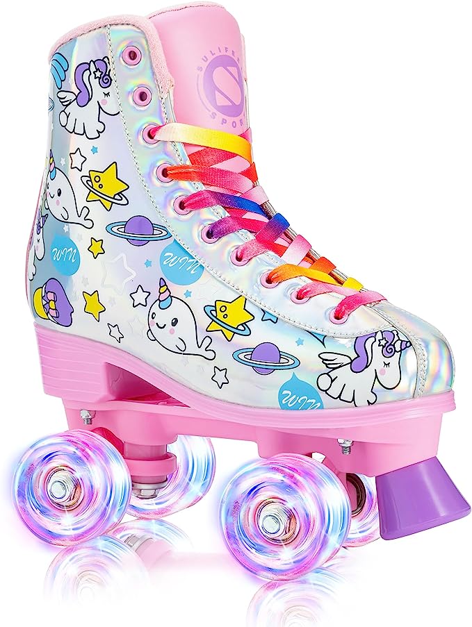 SULIFEEL Rainbow Unicorn Roller Skates for Girls Light up Wheels Kids Quad Skates with High Top Reflective TPU Leather Rainbow Unicorn