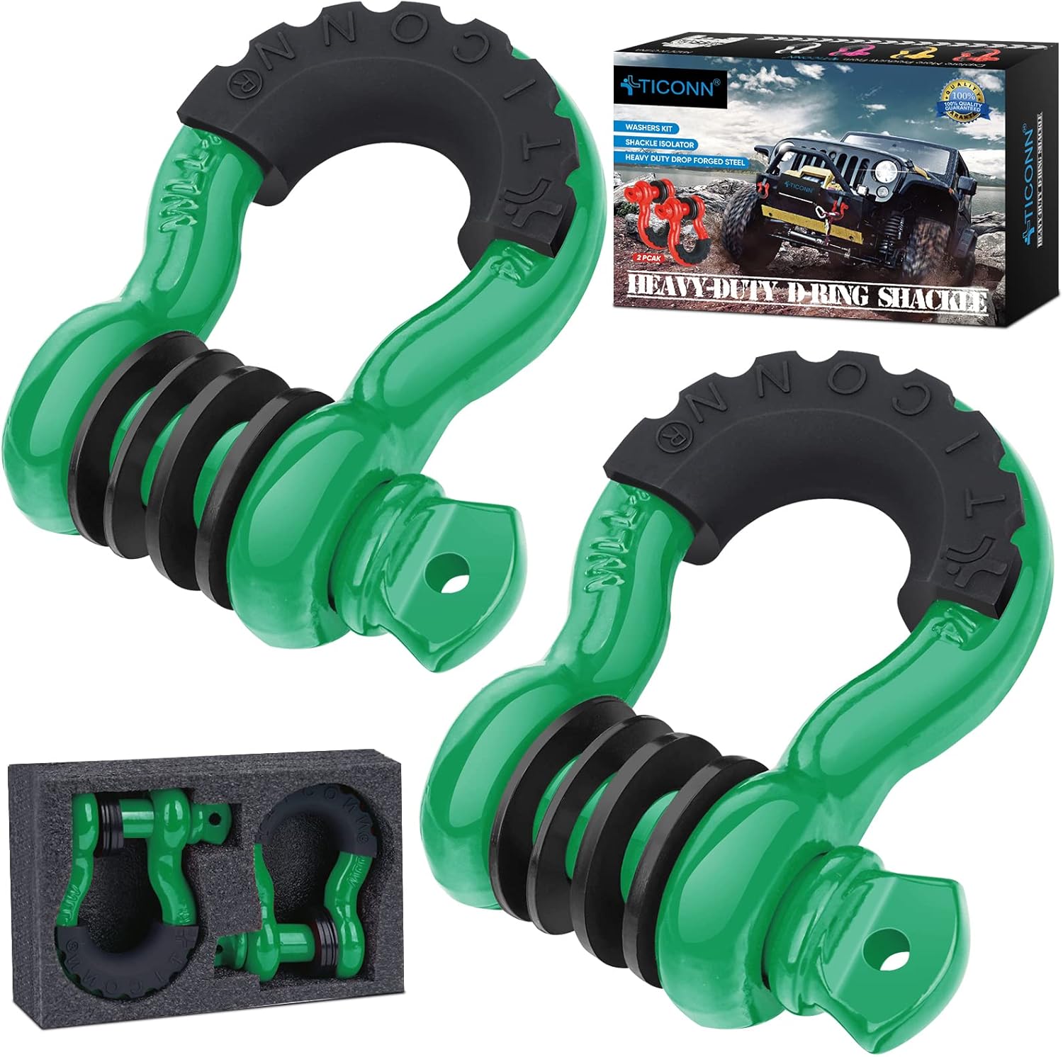 TICONN 2 Pack D Ring Shackle with 7/8 Screw Pin 57,000Ibs Break Strength, 3/4 Heavy Duty Shackles with Isolator & Washers for Tow Strap Winch Off Road Vehicle Recovery (Green/Black)