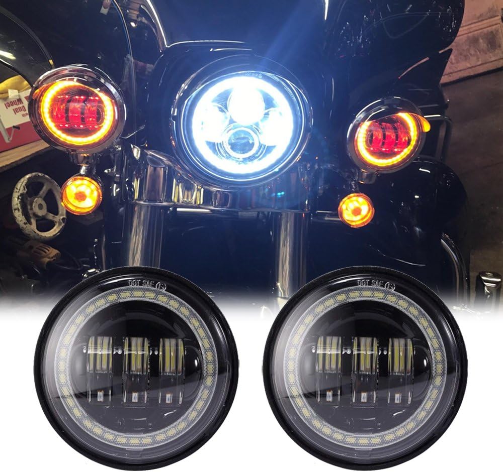 LX-LIGHT Black 4.5 Inch Round LED Passing Fog Lights With Red Demon Eyes/White DRL/Amber Turn Signal Halo Compatible with H arley Motorcycles