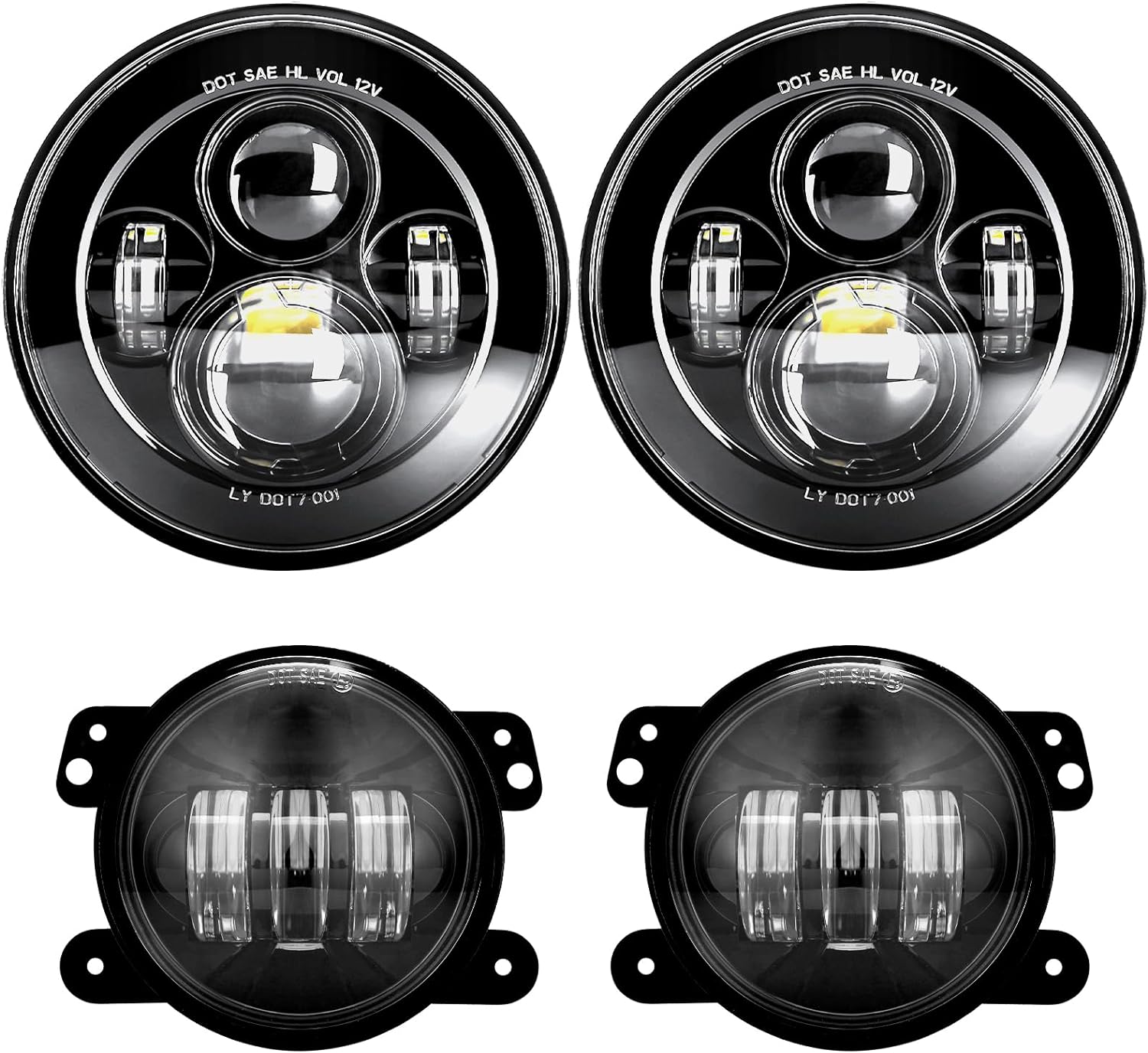 LX-LIGHT DOT Approved 7'' Black LED Headlights + 4 '' LED Fog Lights Compatible with Jeep Wrangler 97-2017 JK TJ LJ