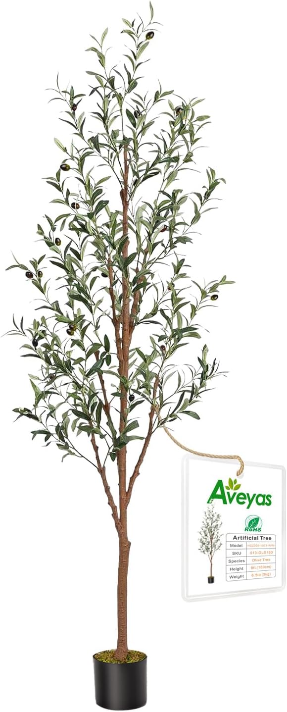 Aveyas 6ft Artificial Olive Tree for Home Decor, 6 Feet Faux Plant Fake Skinny Silk Trees with Black Olivo for Indoor Outdoor House Living Room Office (6 ft Tall)