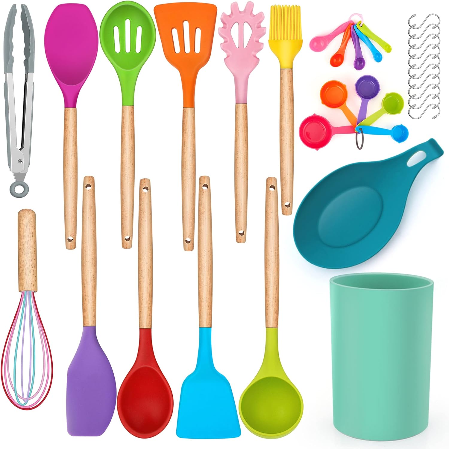 LIANYU 33-Piece Silicone Kitchen Cooking Utensils Set with Holder, Wooden Handle Heat Resistant Cookware Utensils Set, Non-Stick Kitchen Tools for Baking Cooking, Colorful