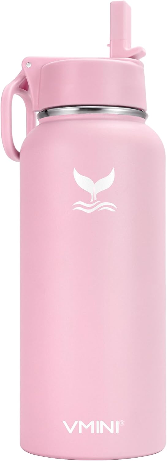 Vmini Water Bottle with New Wide Handle Straw Lid, Wide Mouth Vacuum Insulated 18/8 Stainless Steel, 32 oz, Pink Bottle & Lid