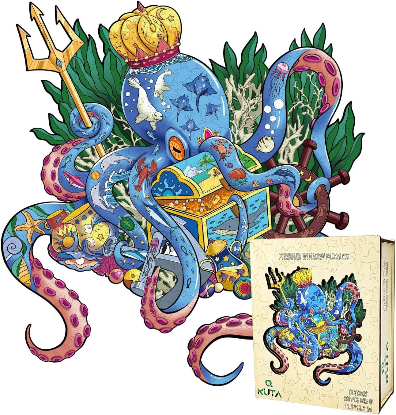 KUTA Wooden Jigsaw Puzzles, Unique Animal Shape, Set with Wall Mounting Kits for Decoration, Best Gift for Children and Adults (Octopus)