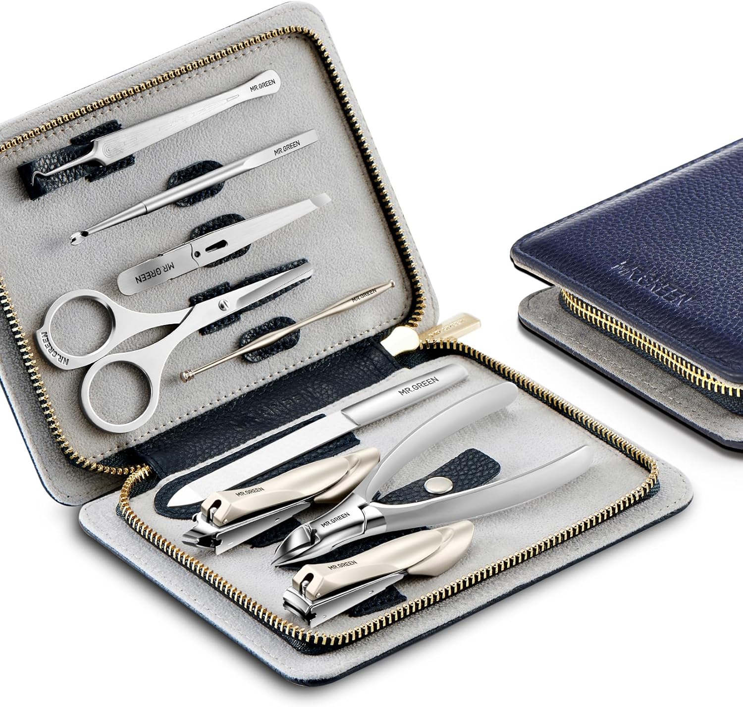 MR.GREEN Innate Luxury Manicure Set Surgical Grade Scissors Stainless nail clipper Kit full grain cow leather package Pedicure (9 in 1 Manicure Set)